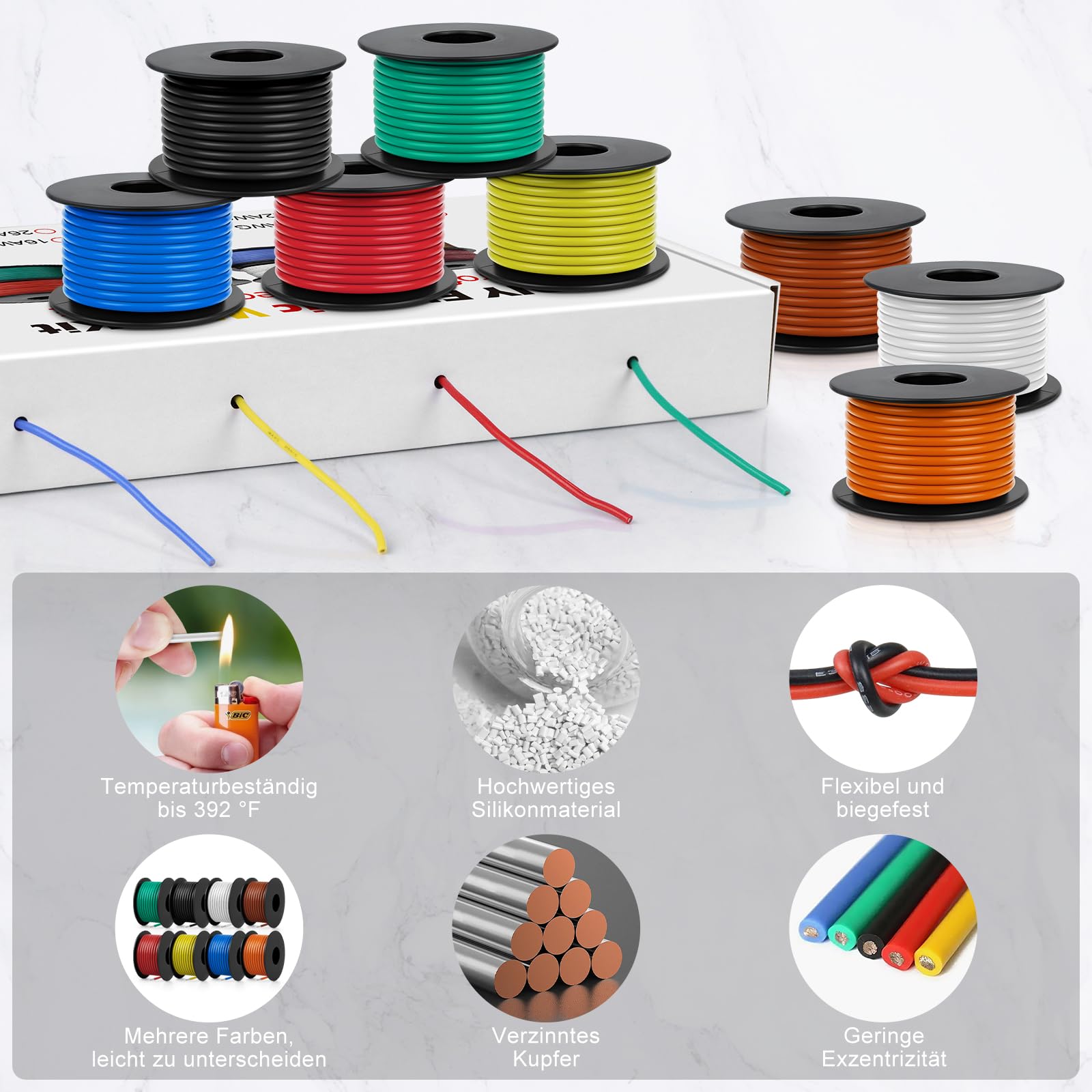inShareplus Lot de câbles électriques en silicone 20 AWG 0,5 mm² en 8 couleurs (10 m par couleur) - Câble flexible en cuivre étamé pour le bricolage, la voiture, l'électronique et les applications