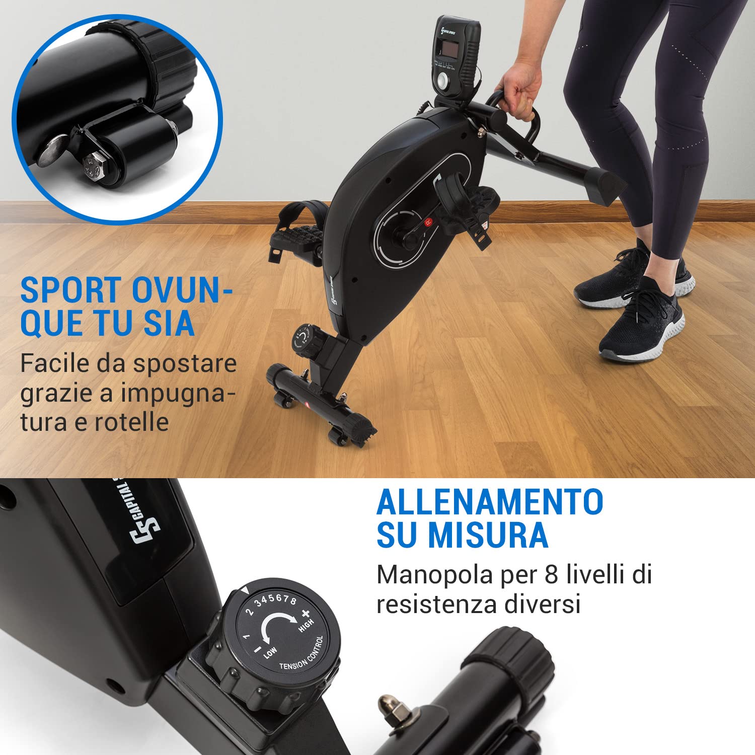 Capital Sports Cyclette Professionale da Casa, Pedaliera Riabilitazione, Mini Cyclette Pieghevole con 8 Livelli di Resistenza, Con App e Bluetooth