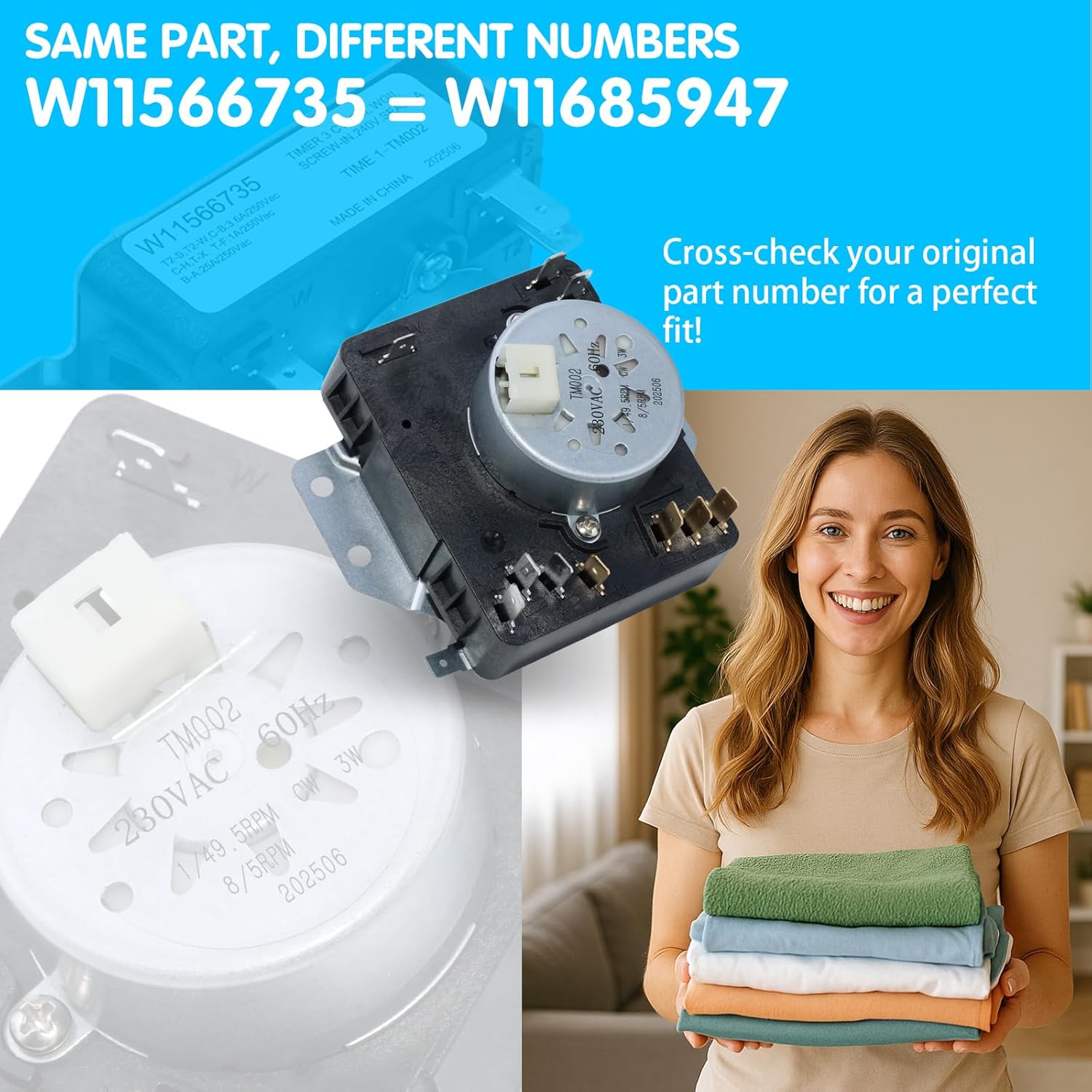 W11566735 W11685947 Dryer Timer Assembly – for Whirlpool/Maytag Electric Dryers 230‑240 VAC 60 Hz | Dual‑Speed 1/49.5 & 8/5 RPM | OEM 10‑Pin Layout Easy Install | AP7215858 PS17216594 4981088