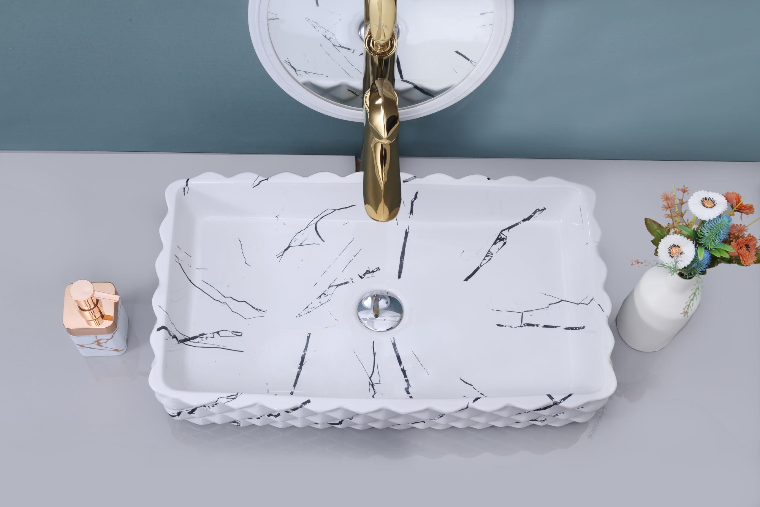 HISRE Designer Glossy Finish Table Top Ceramic Wash Basin Vessel Sink with Slim Rim Deer Design 18 x 24 x 4.5 Inch Style - 6, photo 4 of 4