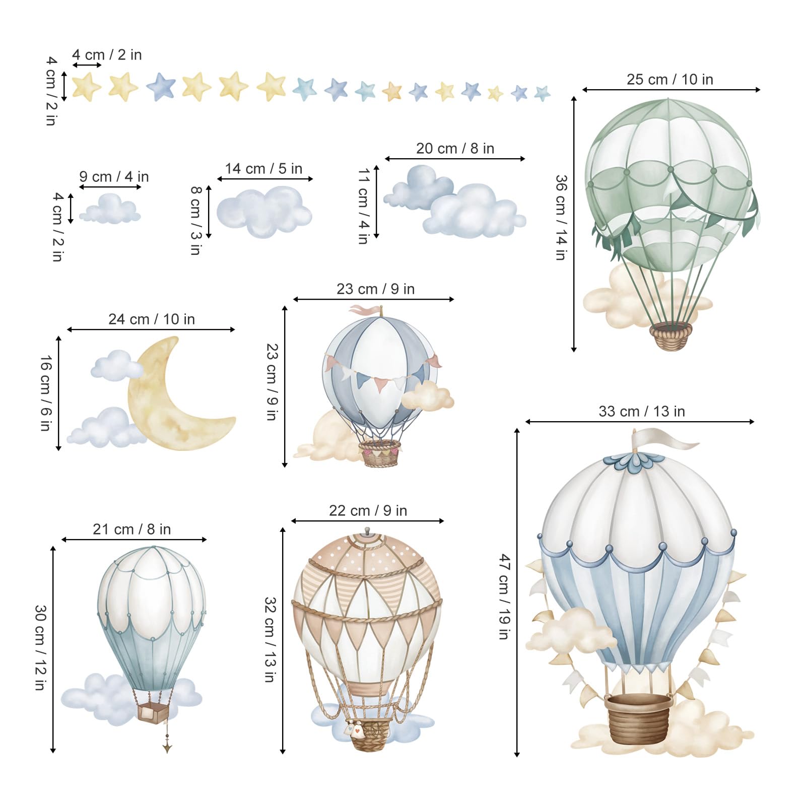wondever Watercolor Hot Air Balloon Wall Stickers Star Moon Cloud Balloons Peel and Stick Wall Art Decals for Baby Nursery Kids Bedroom - Image 4
