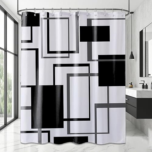 Miniatura 31 de Cortina de ducha geométrica en blanco y negro para decoración de baño de hombre, juego de cortinas de baño en blanco y negro, tela impermeable con