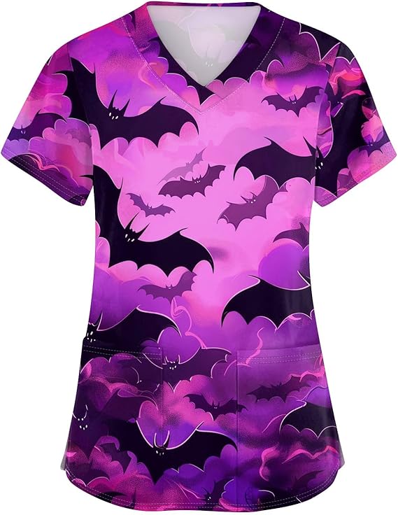 OIOLOYJM Halloween Christmas Scrub Tops Women Print V Neck Short Sleeve Plus Size Scrubs for Womens Shirts with Pockets