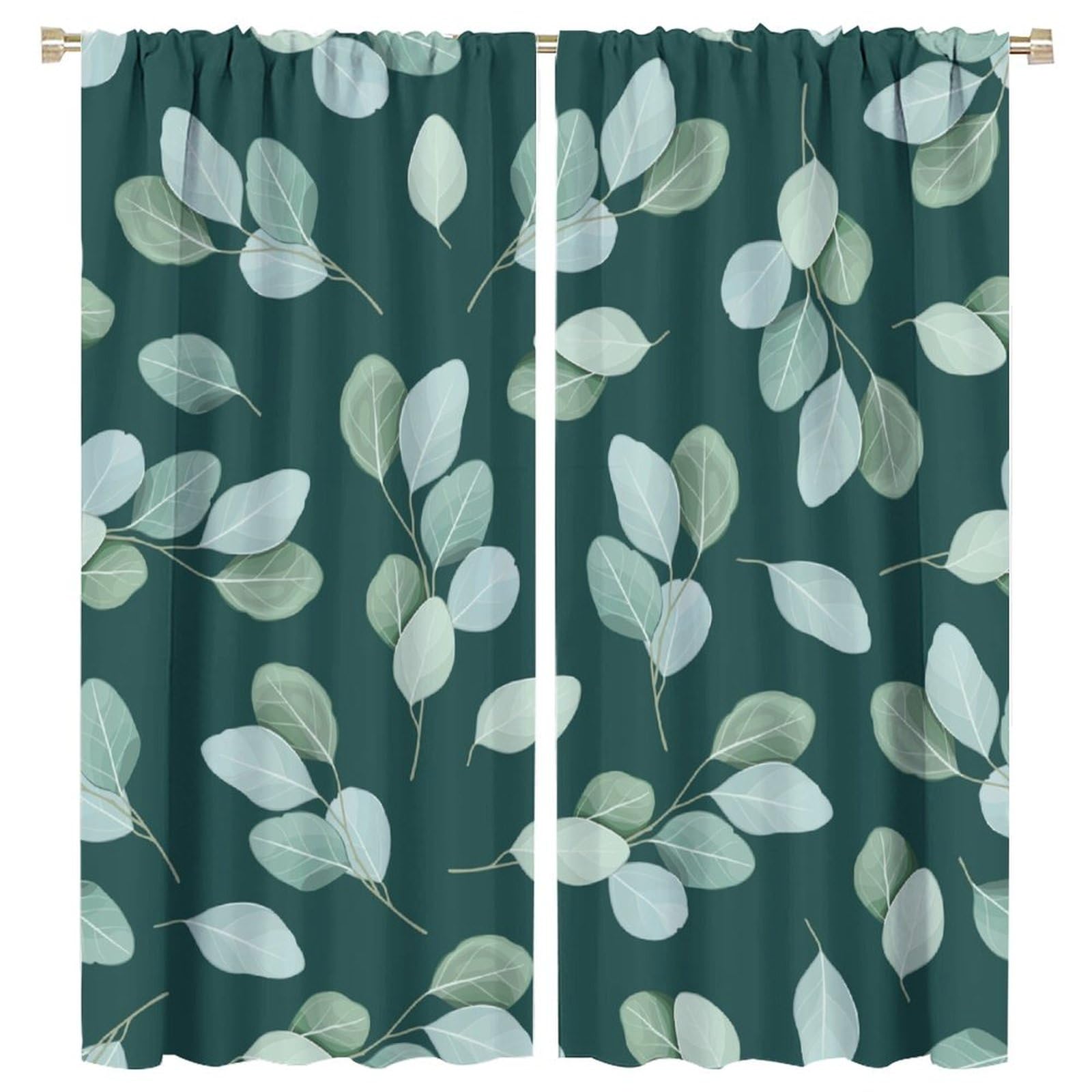 HZOHNAGO Eucalyptus Curtains Nature Botanical Blackish Green Leaves Pattern Blackout Print Rod Pocket Window Drapes for Bedroom Living Room 63x72in
