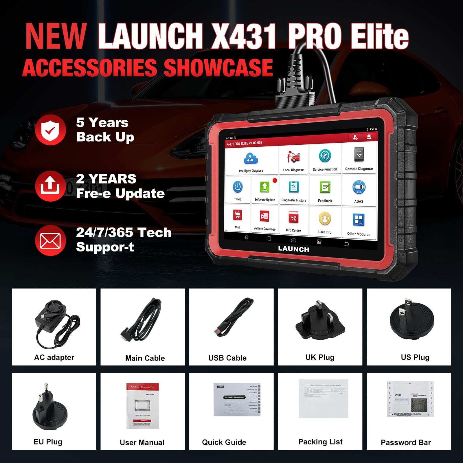 LAUNCH X431 Pro Elite OBD2 Diagnosis Coche Multimarca, Maquina Diagnosis Coche Multimarca Español, 45+ Servicios, ECU Codificación, CANFD&DOIP, Función Guía, 2 Años de Actualización Gratuita