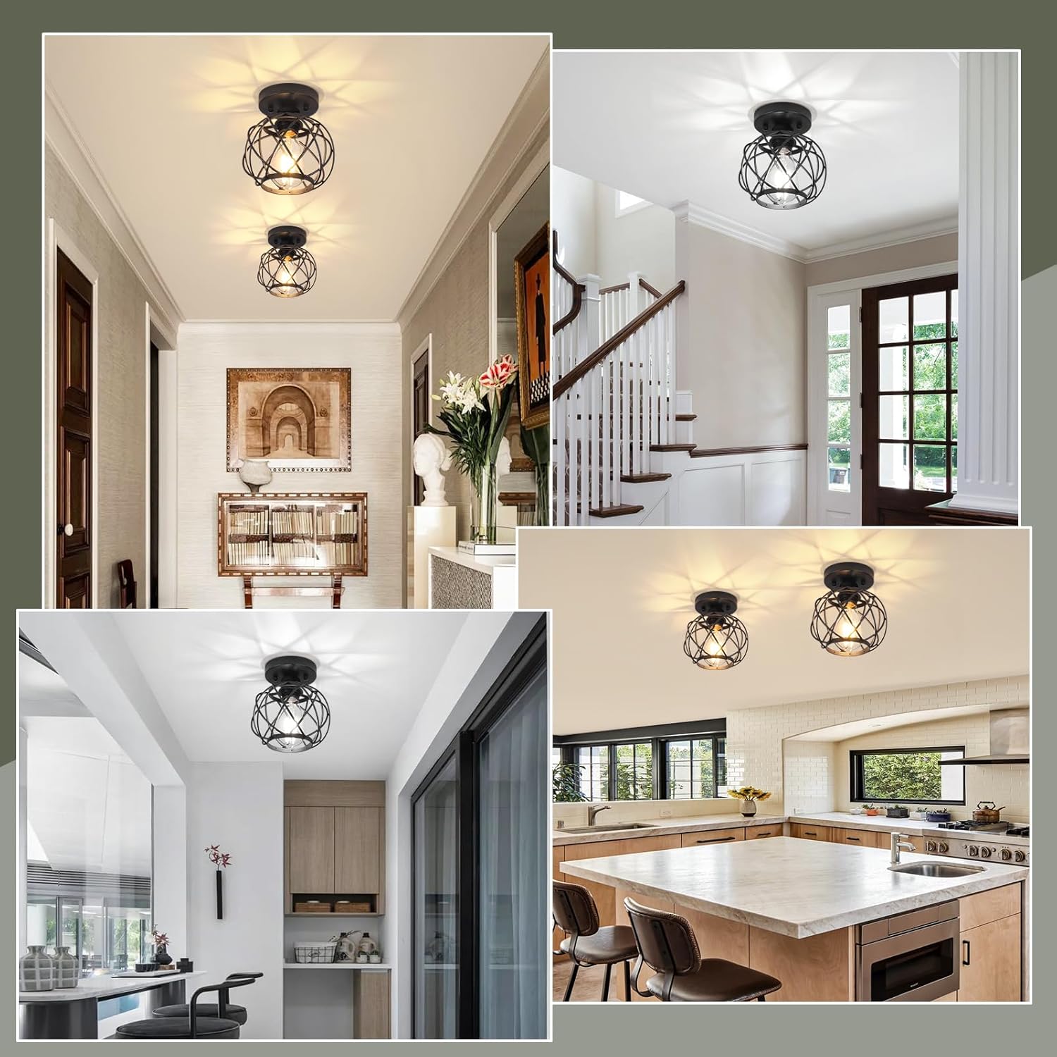 Hallway Light Fixtures Ceiling,Semi Flush Mount Ceiling Lights Fixtures Black Metal Cage Indoor Industrial Ceiling Lights Modern Crystal Ceiling Light Fixture for Porch Entryway Foyer Bathroom