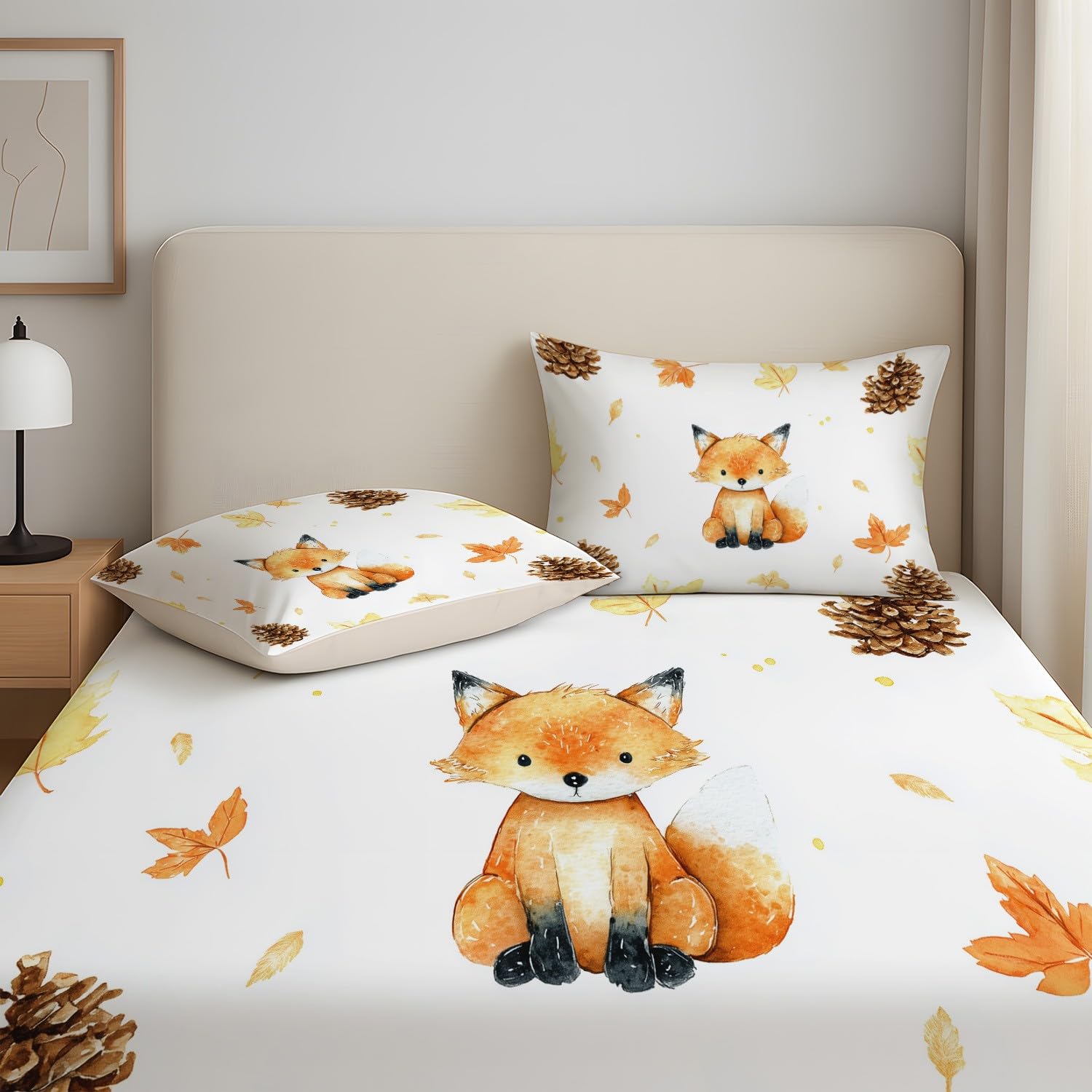 Herbst Fuchs Spannbetttuch Minimalistisch Ländlich Kiefernzapfen Fuchs Spannbettlaken 200 x 200 x 30 cm 3teilig Mikrofaser Bettwäsche Set mit 2 Kissenbezüge 80 x 80 cm Kein Flachbettlaken
