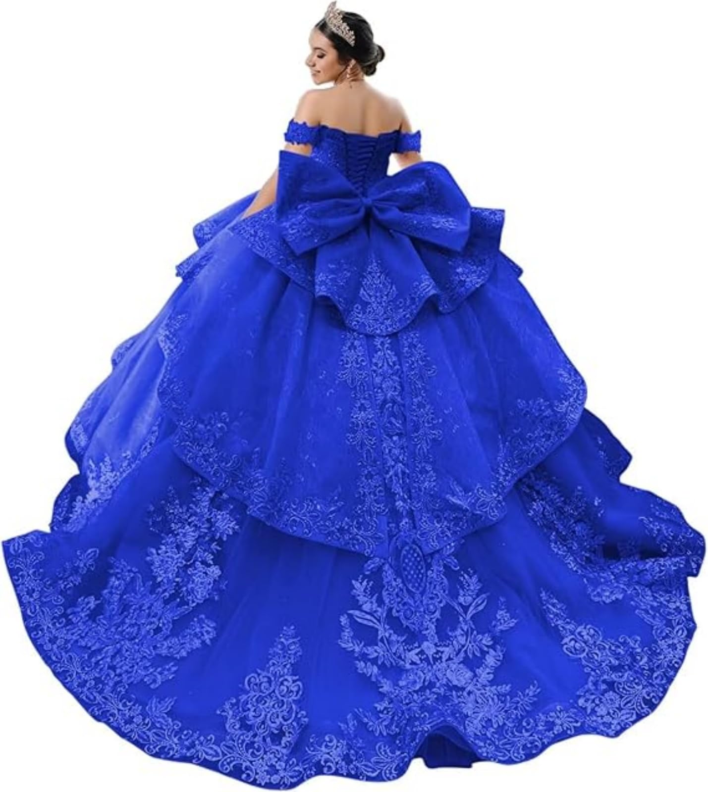 Robe de Quinceanera à épaules dénudées et volants bleu marine - 6