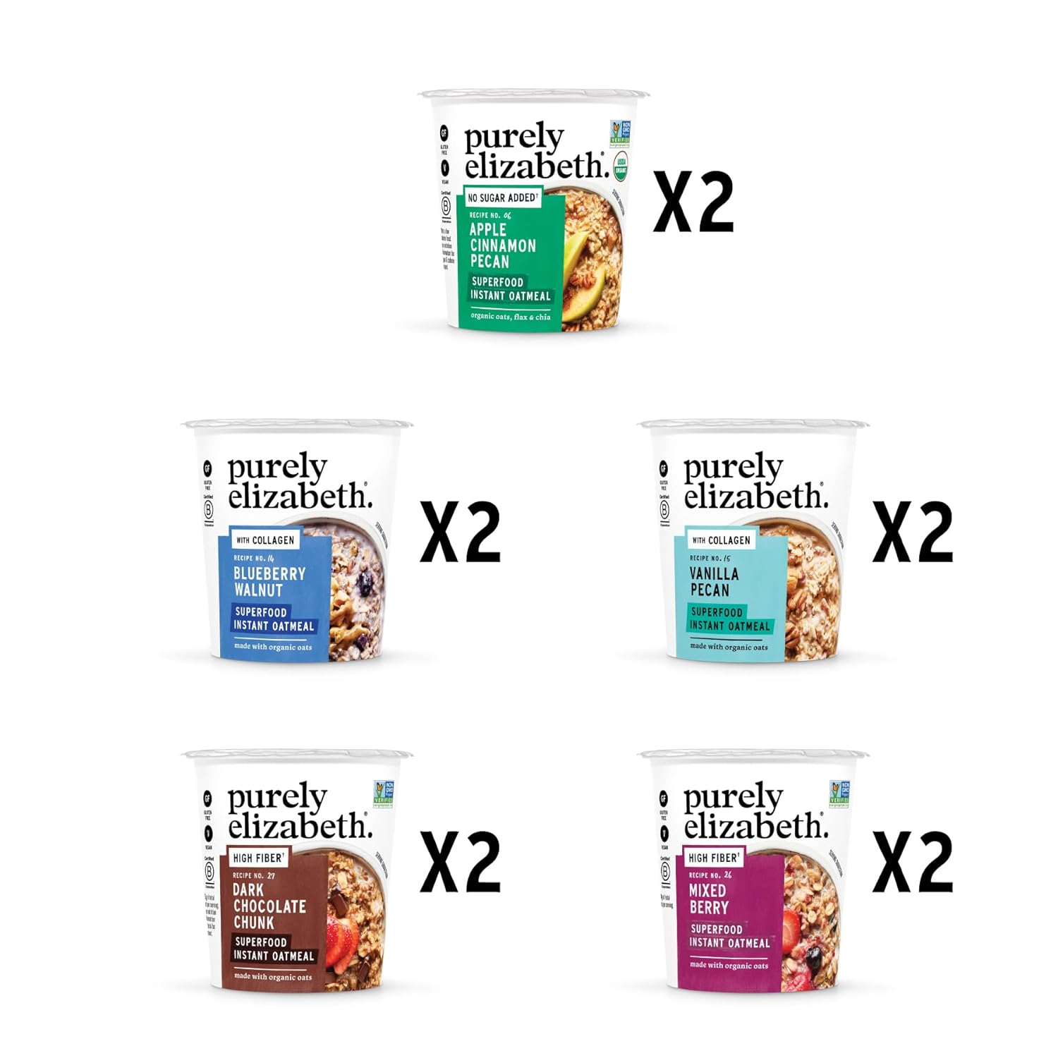 Purely Elizabeth Best Sellers Variety Pack Superfood Oatmeal Cups, Great for Overnight Oats, Gluten-Free, 2 Ounce (Pack of 12)