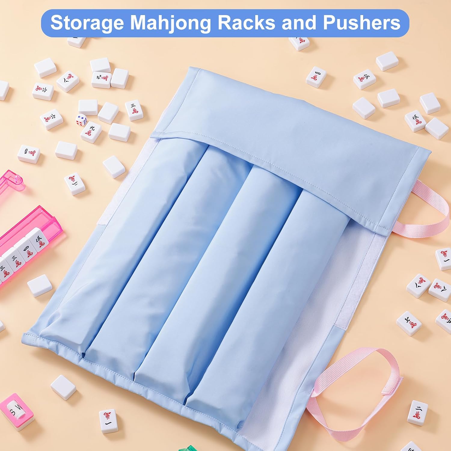 Mahjong Rack Bag - Roll & Go Canvas Sleeve Organizer Fits 4 Racks and Pushers, Travel Mahjong Accessories and Gifts for Club & Game Night, Case Only (Blue)