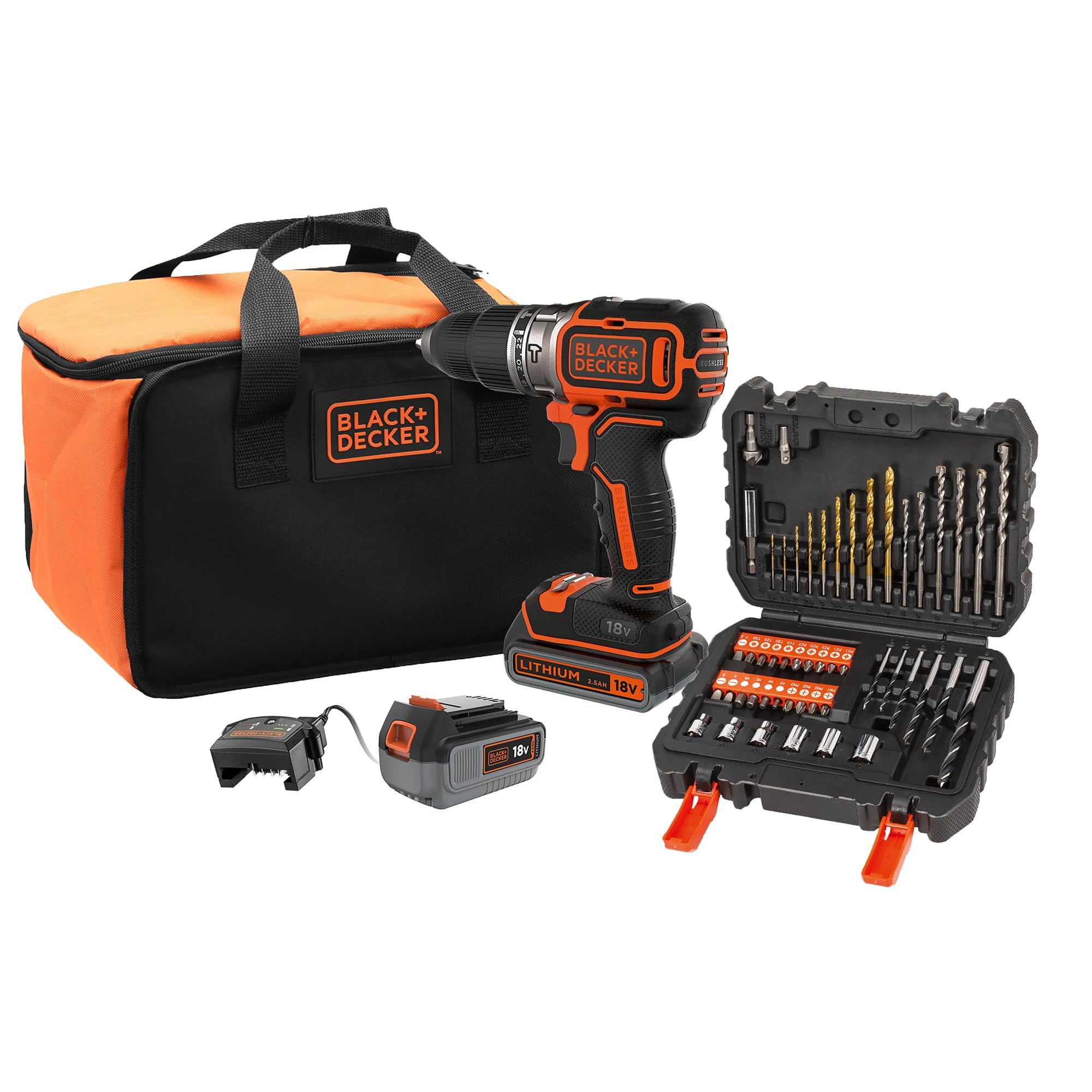 BLACK+DECKER Taladro Percutor sin Escobillas de 18V con 1 Batería de 4.0Ah y 1 Batería de 2.5Ah, 50 Accesorios, Cargador Rápido de 1A y Bolsa de Transporte, BL188ME2SA-QW