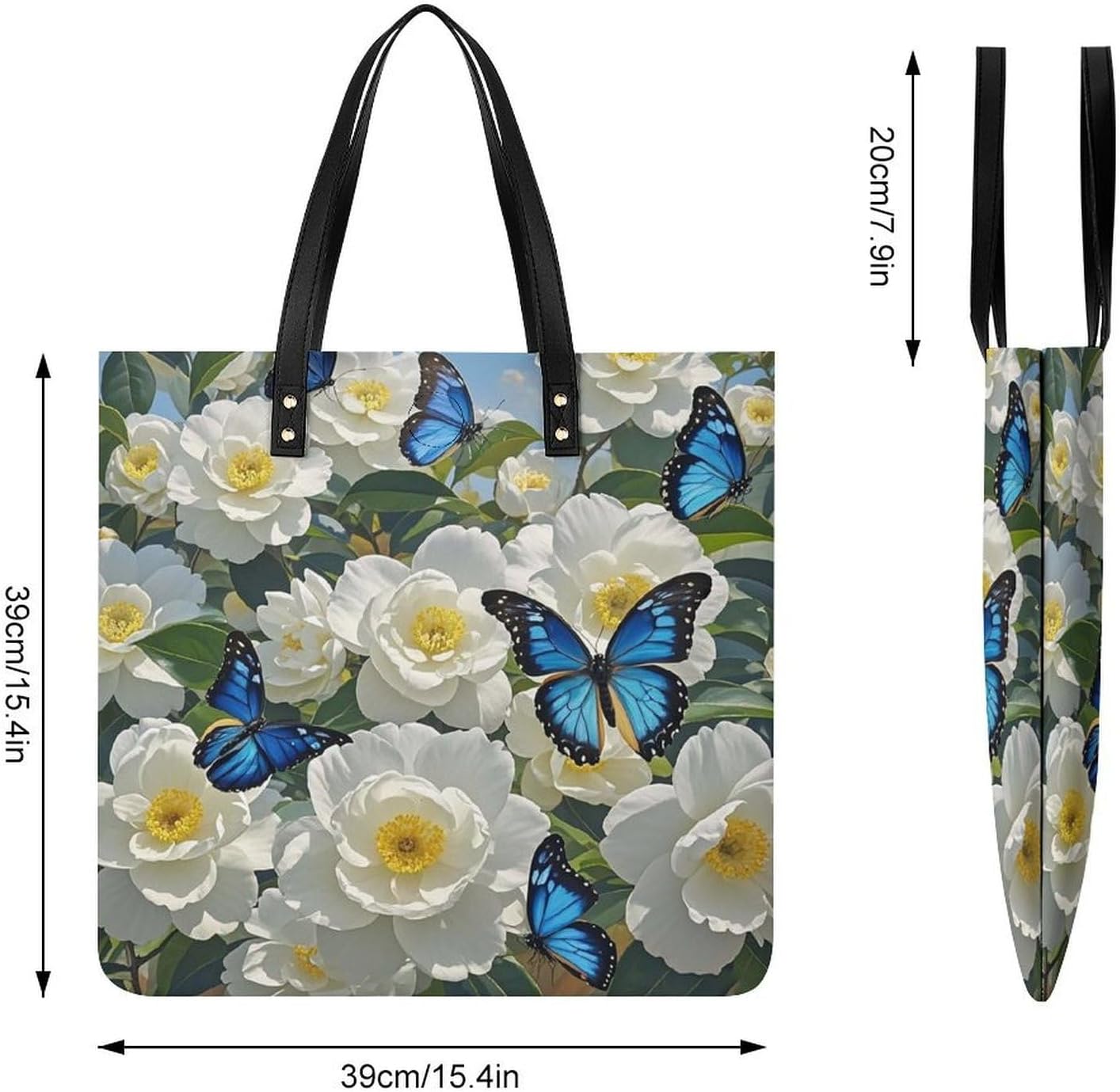 Blue Butterfly Tote Bag with Magnetic Buckle Reusable Grocery Bags Lightweight Cross Body Handbag for Daily Essentials