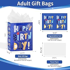 13 Blue Happy Birthday Bag with Tissue Paper and Greeting Card for Party,Happy Birthday Gift Bag for Kids, Boys, Girls, Baby Boy,Men Women,Gift Bags Medium size (1 PCS Blue, Kids Gift Bag)