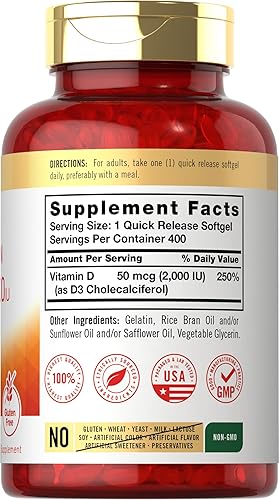 Miniatura 2 de Carlyle Vitamina D3 2000IU cápsulas blandas  400 unidades  Fórmula sin OMG, sin gluten  50 mcg  Suplemento de vitamina D