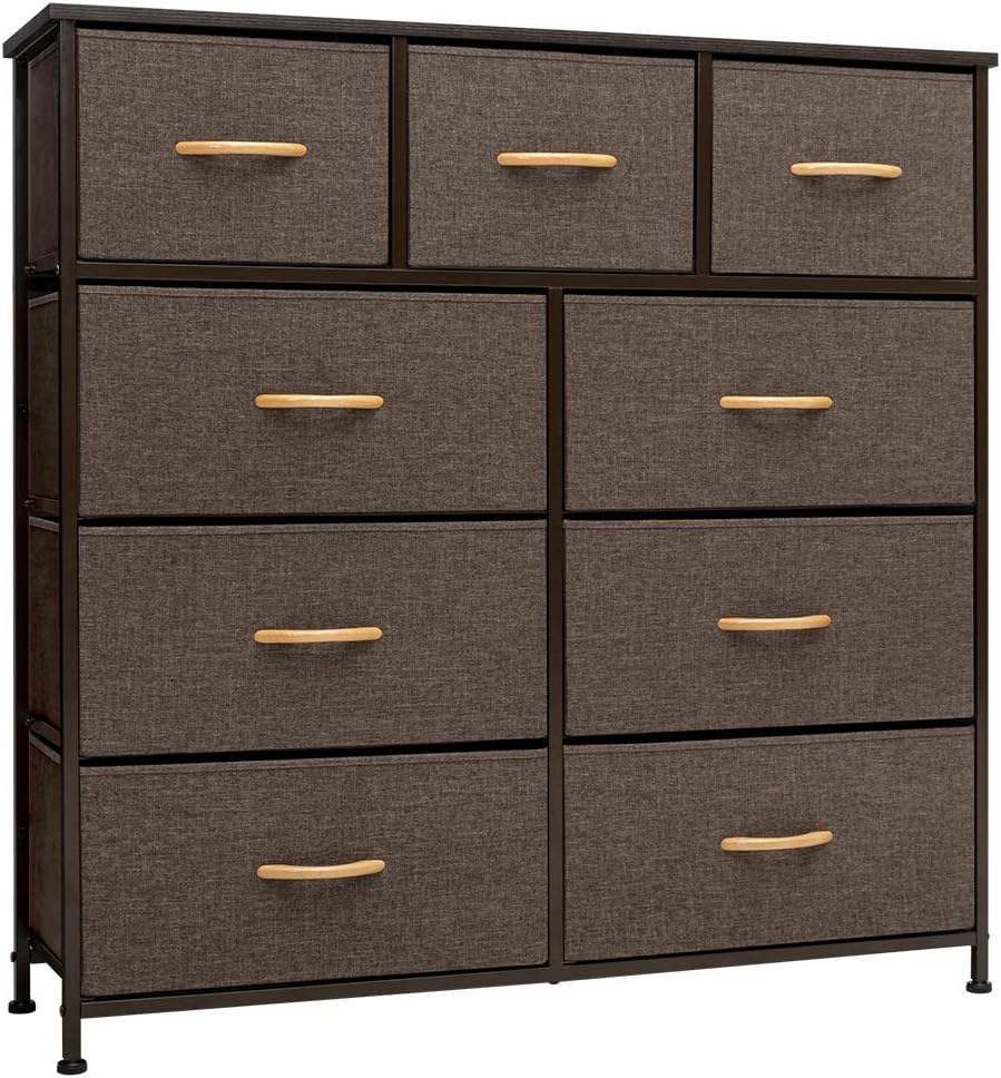 Amazon Com Crestlive Products 9 Drawer Extra Wide Dresser Storage Tower Sturdy Steel Frame Wood Top Easy Pull Fabric Bins Wood Handles Organizer Unit For Bedroom Hallway Entryway Closets Brown Home Improvement