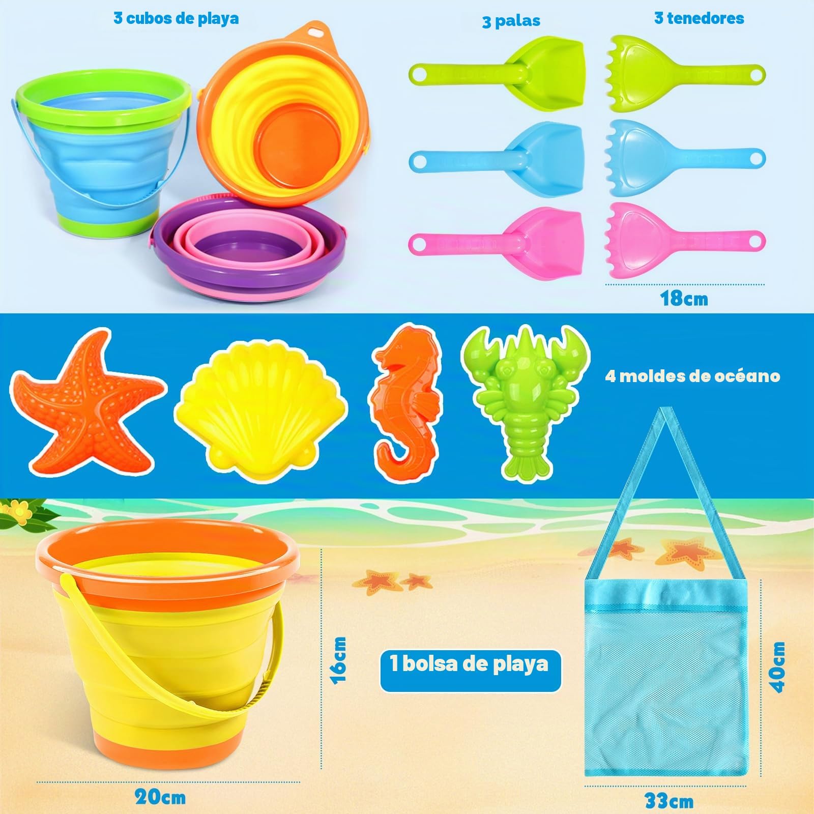 Juego De 31 Juguetes De Playa Para Niños – Cubo Plegable, Pala, Rastrillo Y Moldes – Bolsa De Malla Incluida