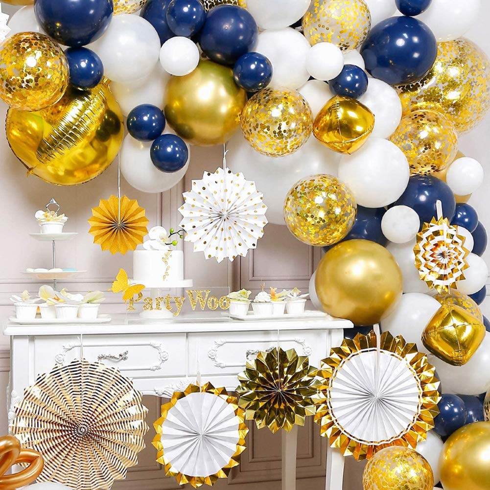Kit de guirnalda de globos azul marino y dorado, 114 piezas de 8 abanicos de papel, borla dorada, globos de confeti gigantes, globos dorados 4D, para decoraciones de fiesta de oro azul marino