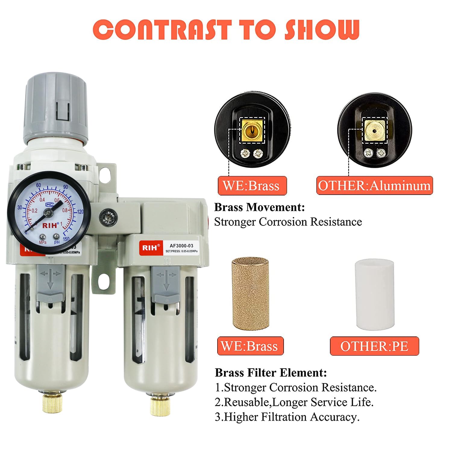 RIH Sistema di essiccazione dell'aria - 3/8 "NPT doppi filtri aria - 5 micron filtro antiparticolato e regolatore di pressione dell'aria - calibro (0-150 psi), scarico semi-automatico, ciotola in