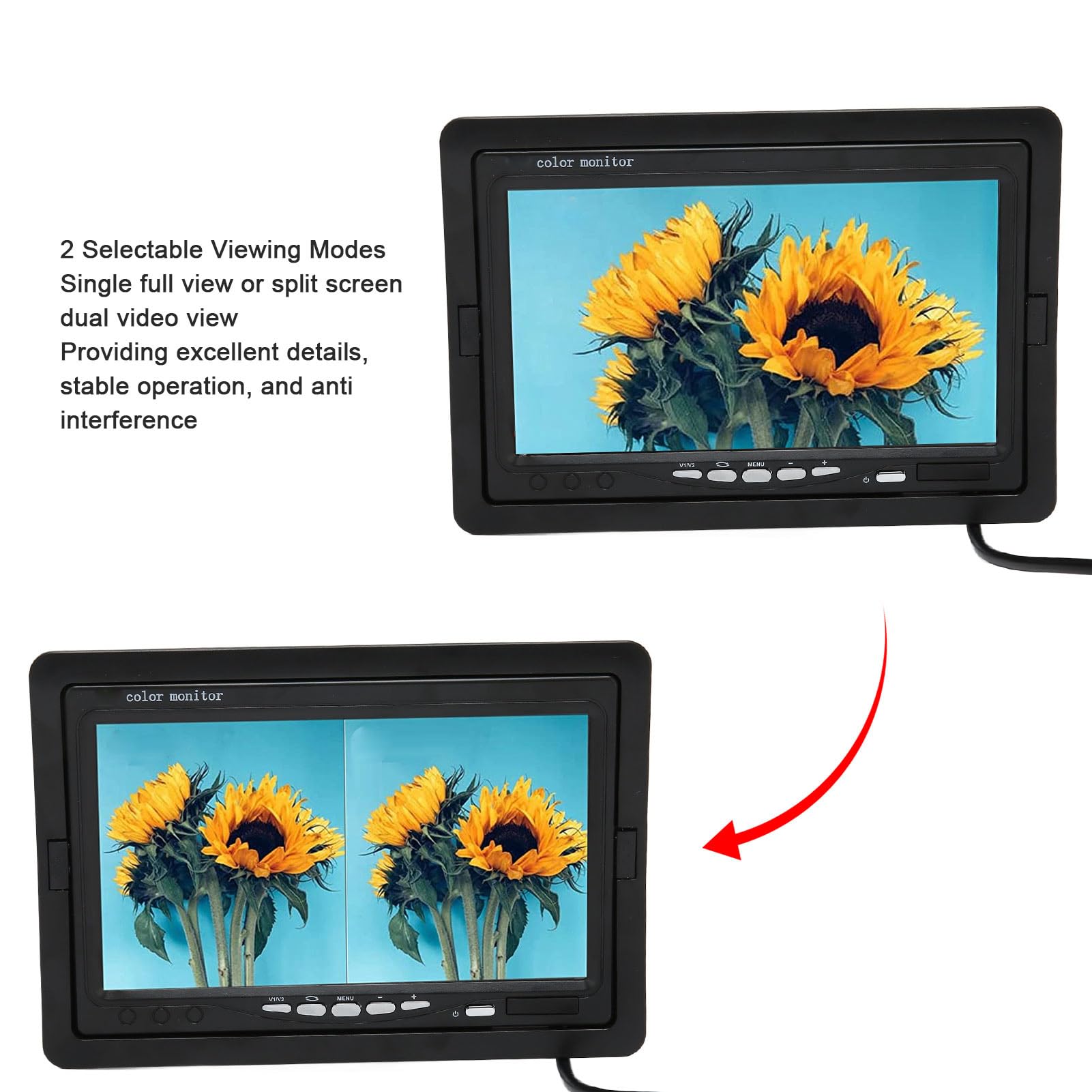 Monitor de Cámara de Visión Trasera HD de 7 Pulgadas, Vista de Vídeo Dual con Pantalla Dividida, 2 Entradas AV, Fácil Instalación, para Cámara de Vigilancia con DVD para Coche
