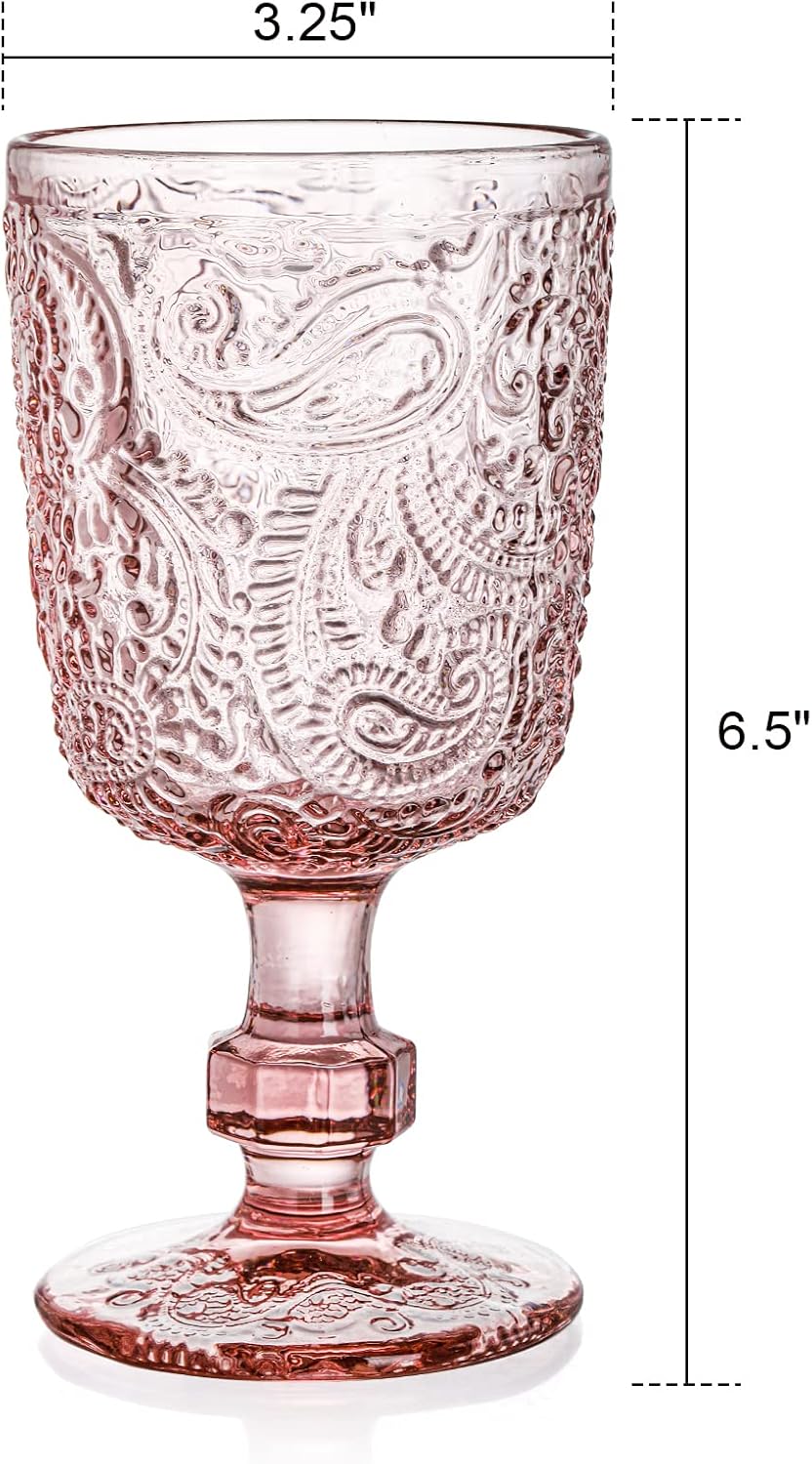 Tebery 4 Pack Pink Glass Wine Goblet Vintage, 10oz Colored Beverage Stemmed Glass Cups, Embossed Glassware Set for Water, Juice, Wine,Beer and Cocktails - Image 2