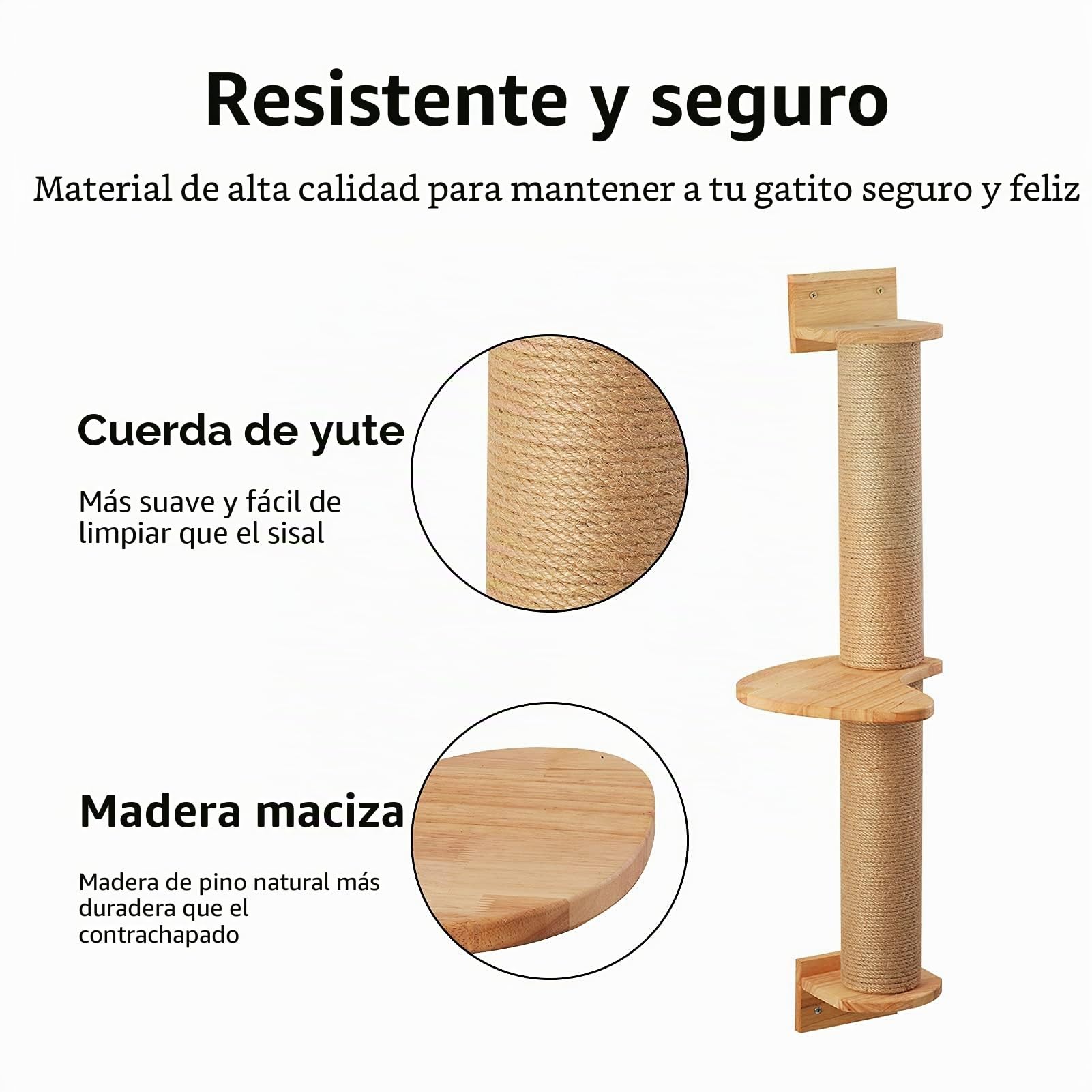 FUKUMARU Árbol para Gatos de 93 cm, Montado en la Pared, Poste Rascador y colchoneta de Yute, árbol Rascador para Gatos Hecho de Madera de Caucho sólida Natural