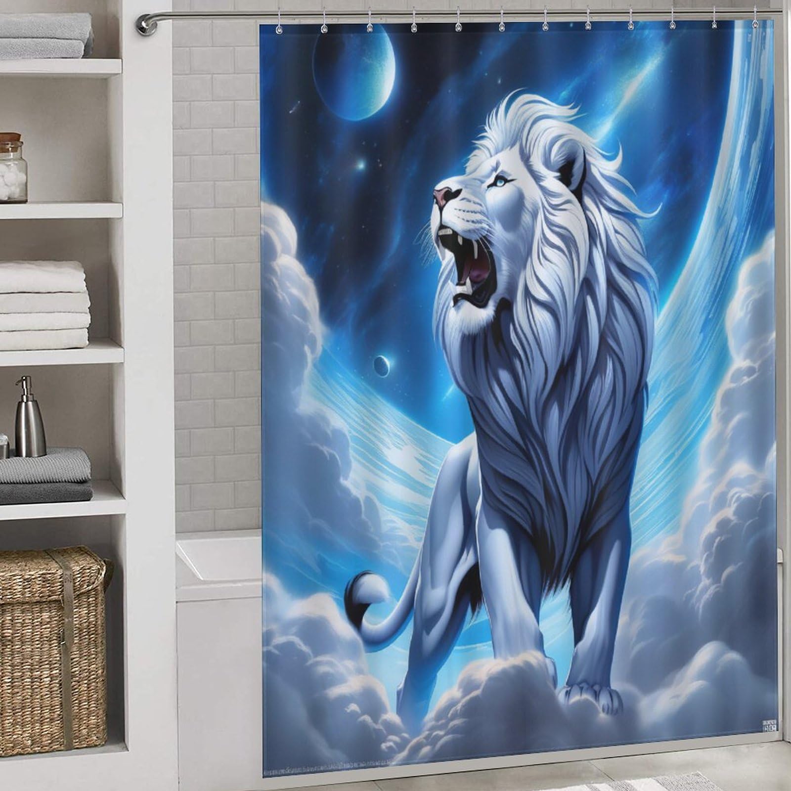 Rideau de douche lion en tissu imperméable polyester 168x183cm avec 12 crochets