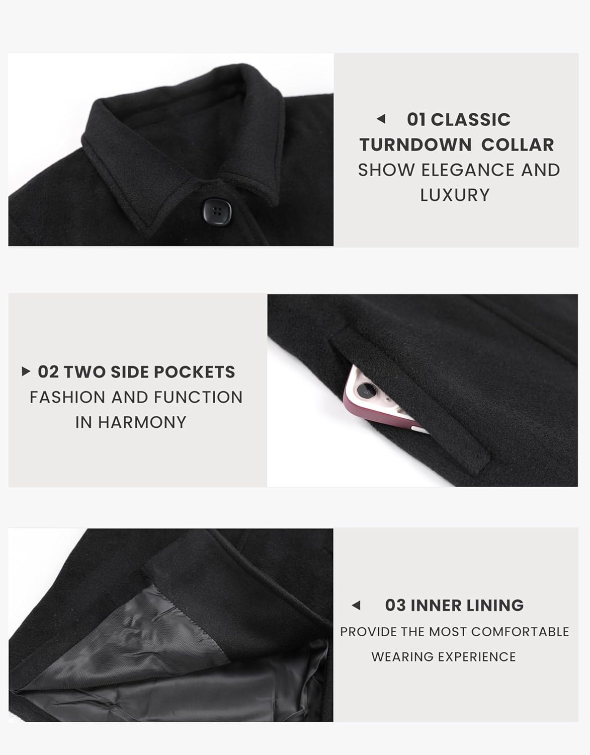 UANEO Womens Peacoat Faux Wool Blend Single Breasted Long Trench Coat Dress Overcoat Winter with Pockets - Image 4