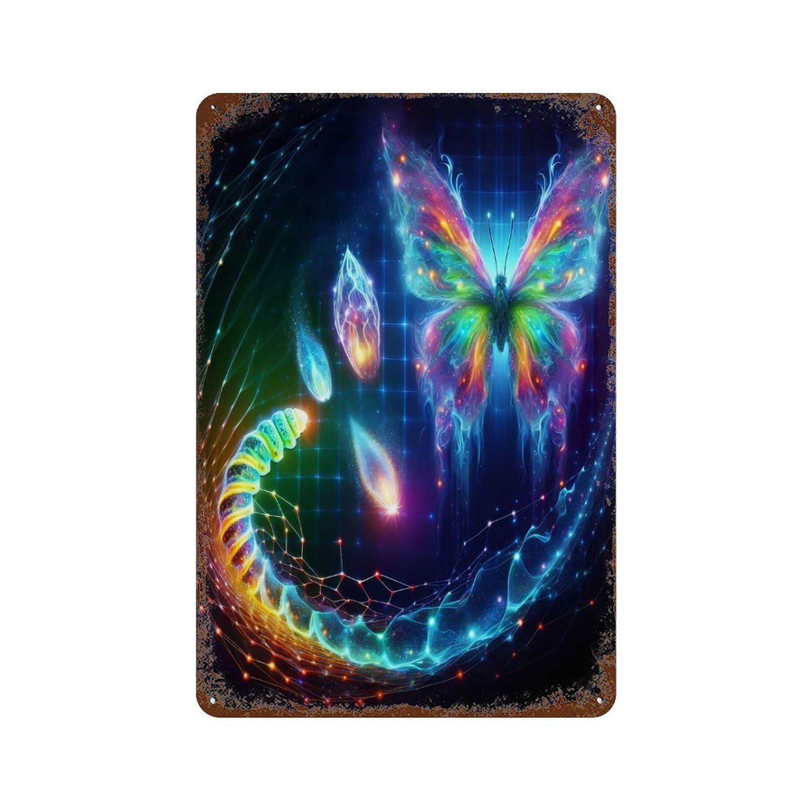 Abstract Butterfly with Glowing Elements Rust Effect Tin Sign 11.8"x7.9", Rustic Home Decor for Cafe, Home Bar And Lounge Decor