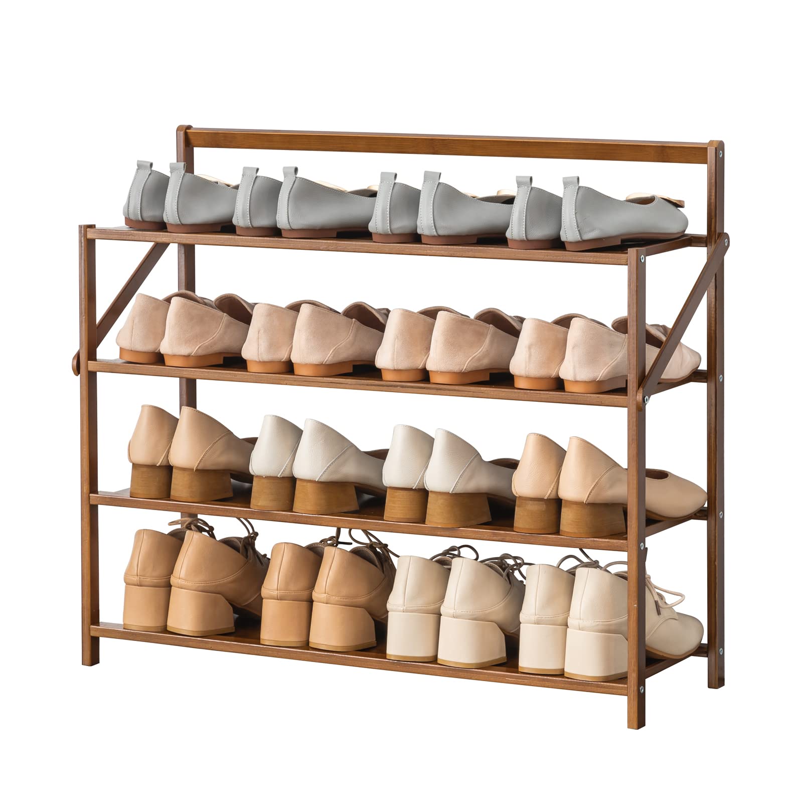 MSHGSKU 4-Tier Bamboo Shoe Rack - Wooden Folding nizer for Entryway Hallway & Bedroom - Space-Saving Storage Solution - Stylish Brown Shoe Shelf - 70cm Width