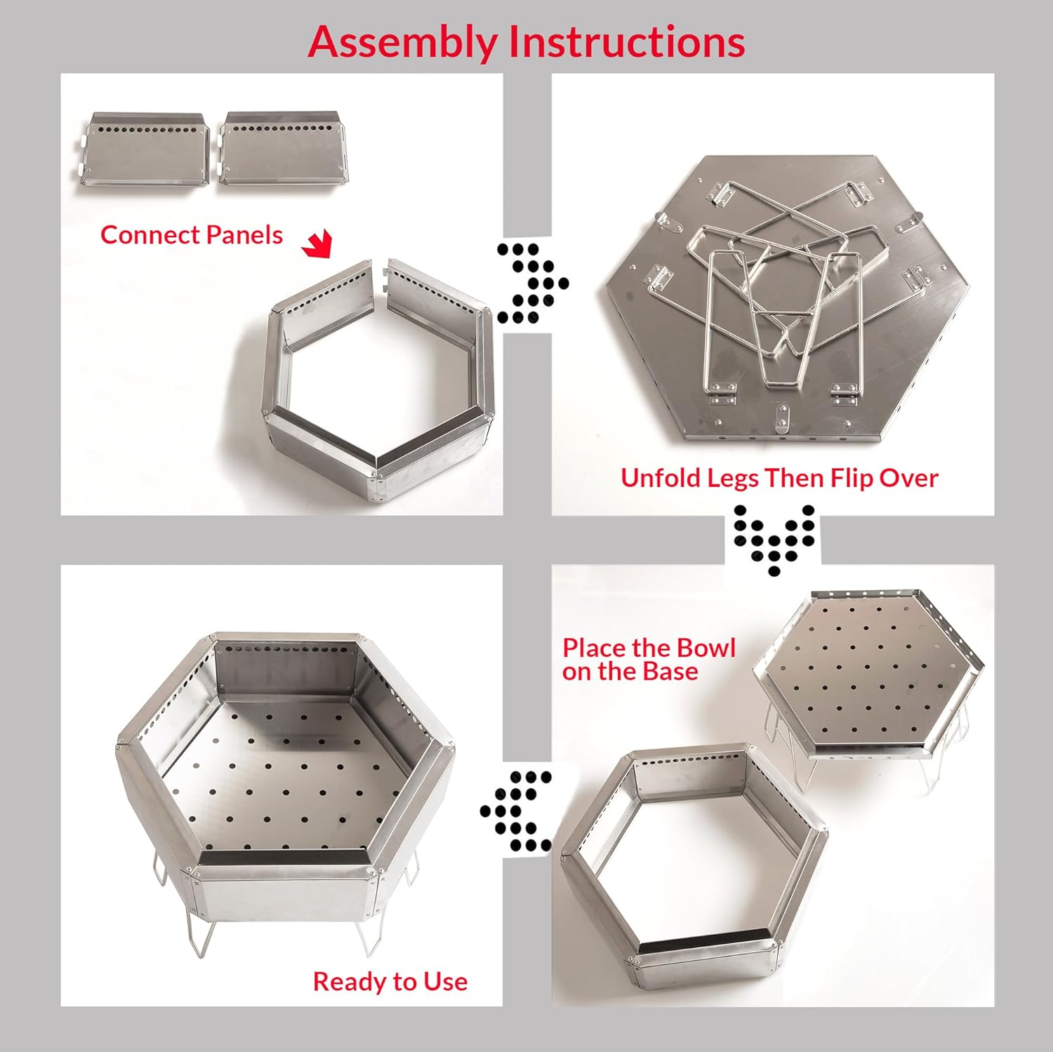15" Portable Stainless Steel Outdoor Fire Pit, Collapsible Hexagon Smokeless Bonfire Wood Burning Fire Pit Fireplace for Camping, Backyard Patio Garden Bon Fire Heater Wood Burning Bowl