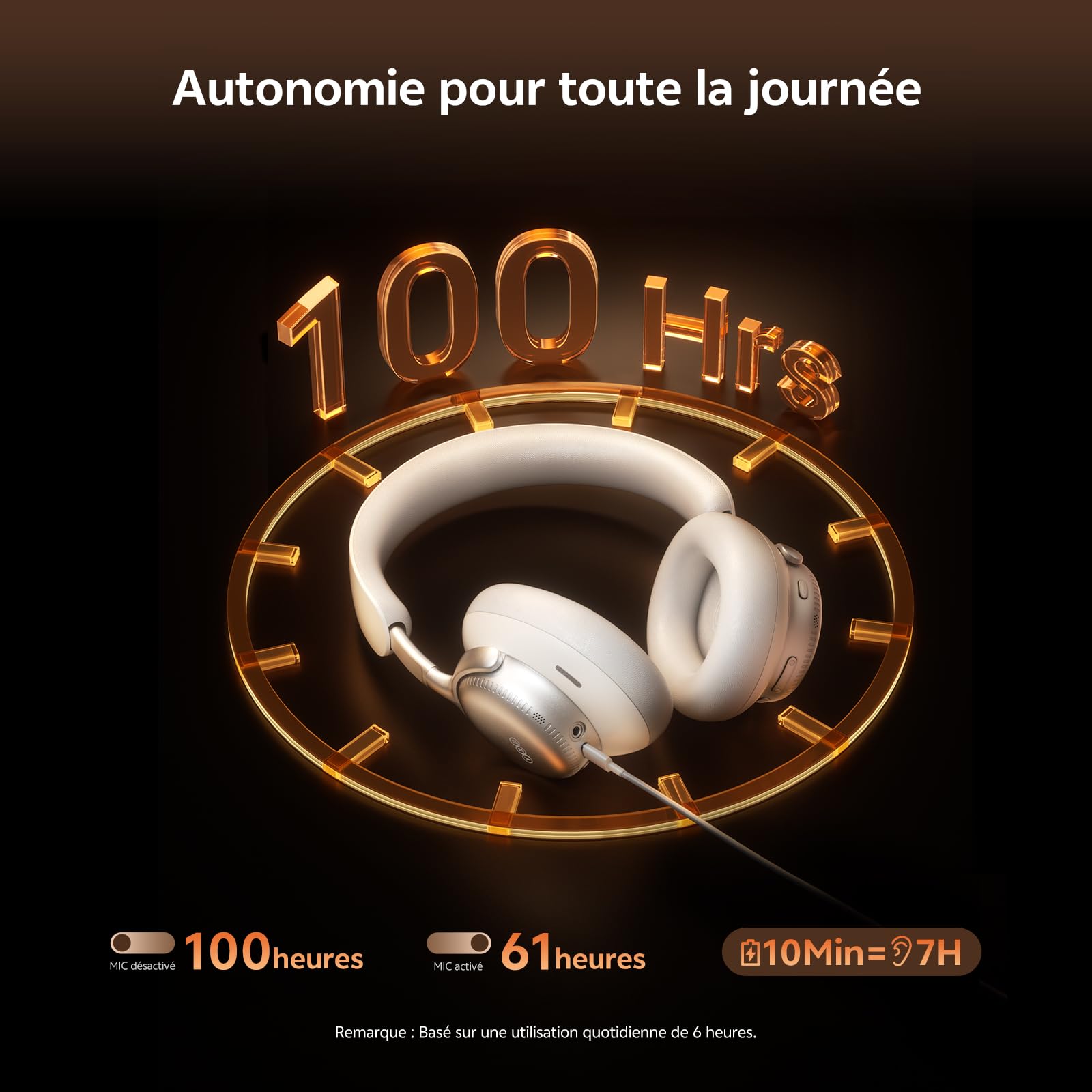 QCY H6 Ultra Casque Bluetooth Over-Ear, Réduction de Bruit Active, Hi-Res Audio LDAC, 100 Heures Autonomie, Bluetooth 6.0, Latence 42ms, Audio Spatial, Multipoint, AUX Filaire, Pliable - Blanc