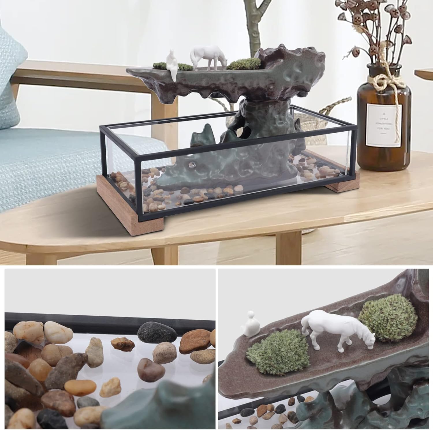 Desktop Waterfall Fountain with Rockery, Clear Fish Tank and Figurines, Indoor Tabletop Fountain with Automatic Pump, Zen Water Fountain for Home Living Room Office Decor