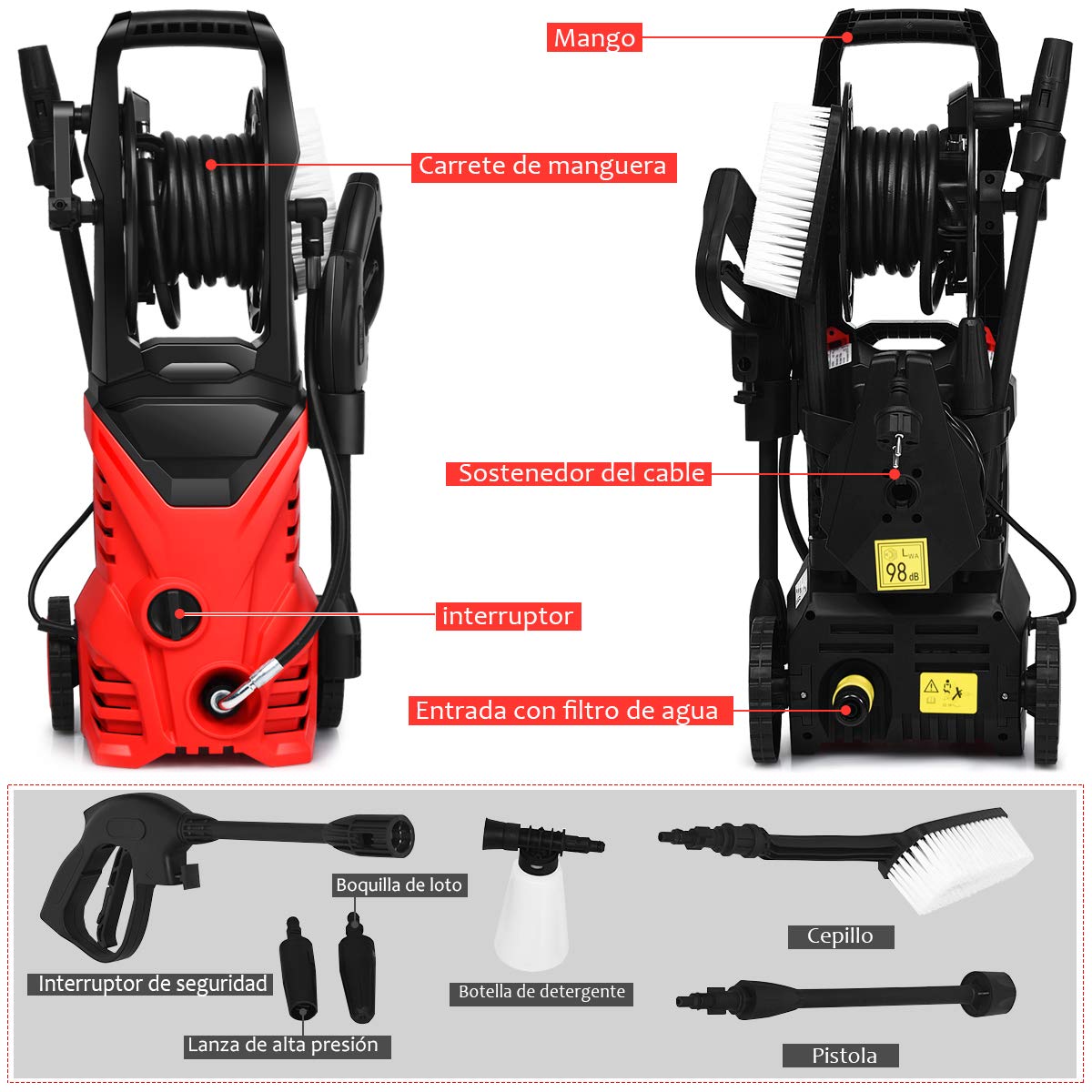 COSTWAY Hidrolavadora de Alta Presión de 2030 PSI,5 L/min,1500 W con Boquilla,Cables y Mangueras Limpiadoras a Presión para Jardín Coche Casa Exterior (Rojo)