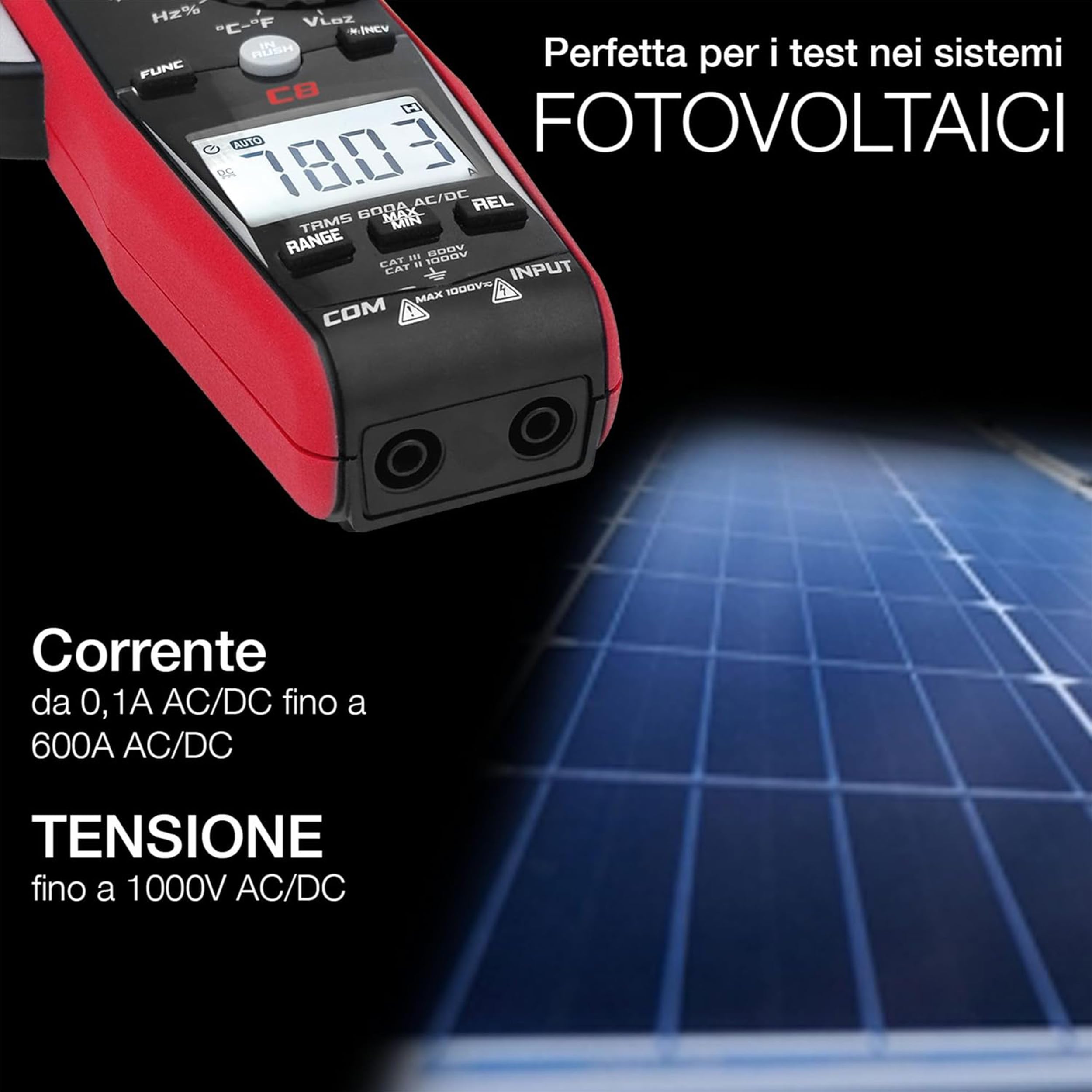 UNIKS - Pinza Amperometrica TRMS Digitale C8 - Tester Digitale Professionale 600A - Misuratore Corrente AC-DC Display LCD e Luce LED - Amperometro Ideale per Fotovoltaico