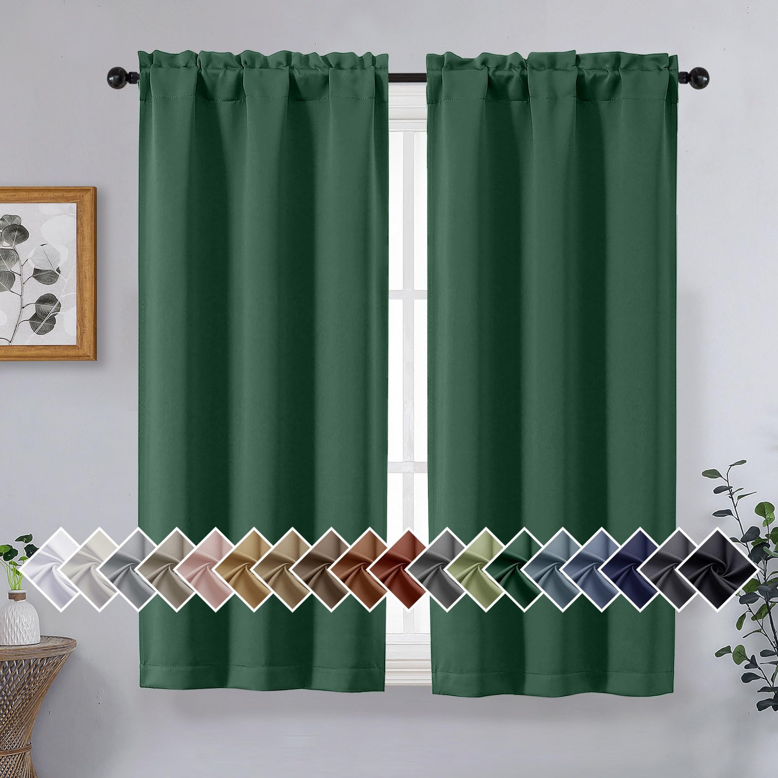 OVZME Christmas Green Short Blackout Curtains for Bedroom 45 Inches Long 2 Panels Set, Solid Thermal Insulated Blackout Curtains, Energy Saving Soft Fabric Window Drapes, Rod Pocket, 2x40Wx45L Inches