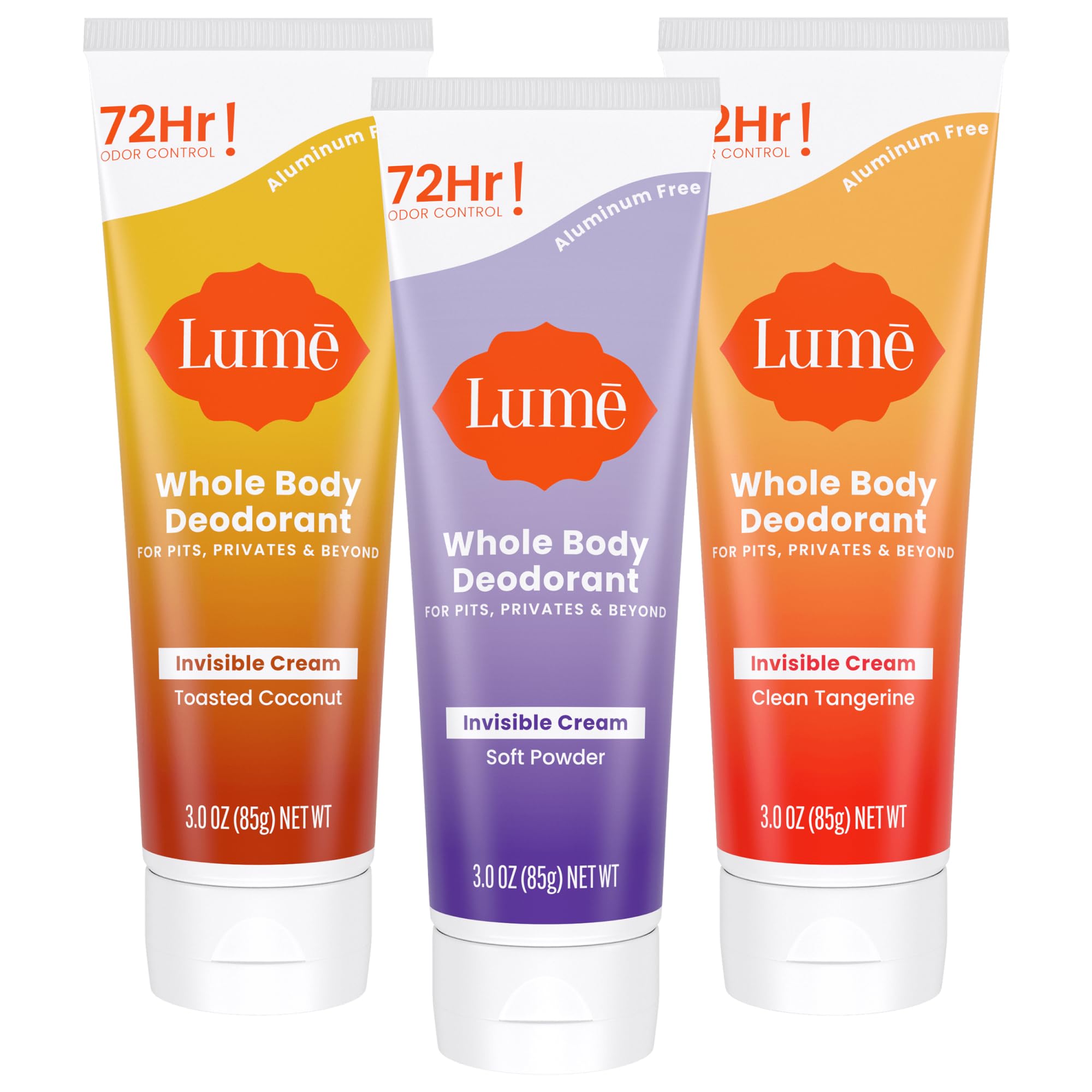 LUMEWhole Body Deodorant - Invisible Cream Tube - 72 Hour Odor Control - Aluminum Free, Baking Soda Free, Skin Safe - 3.0 ounce (Pack of 3) (Toasted Coconut, Soft Powder & Clean Tangerine)
