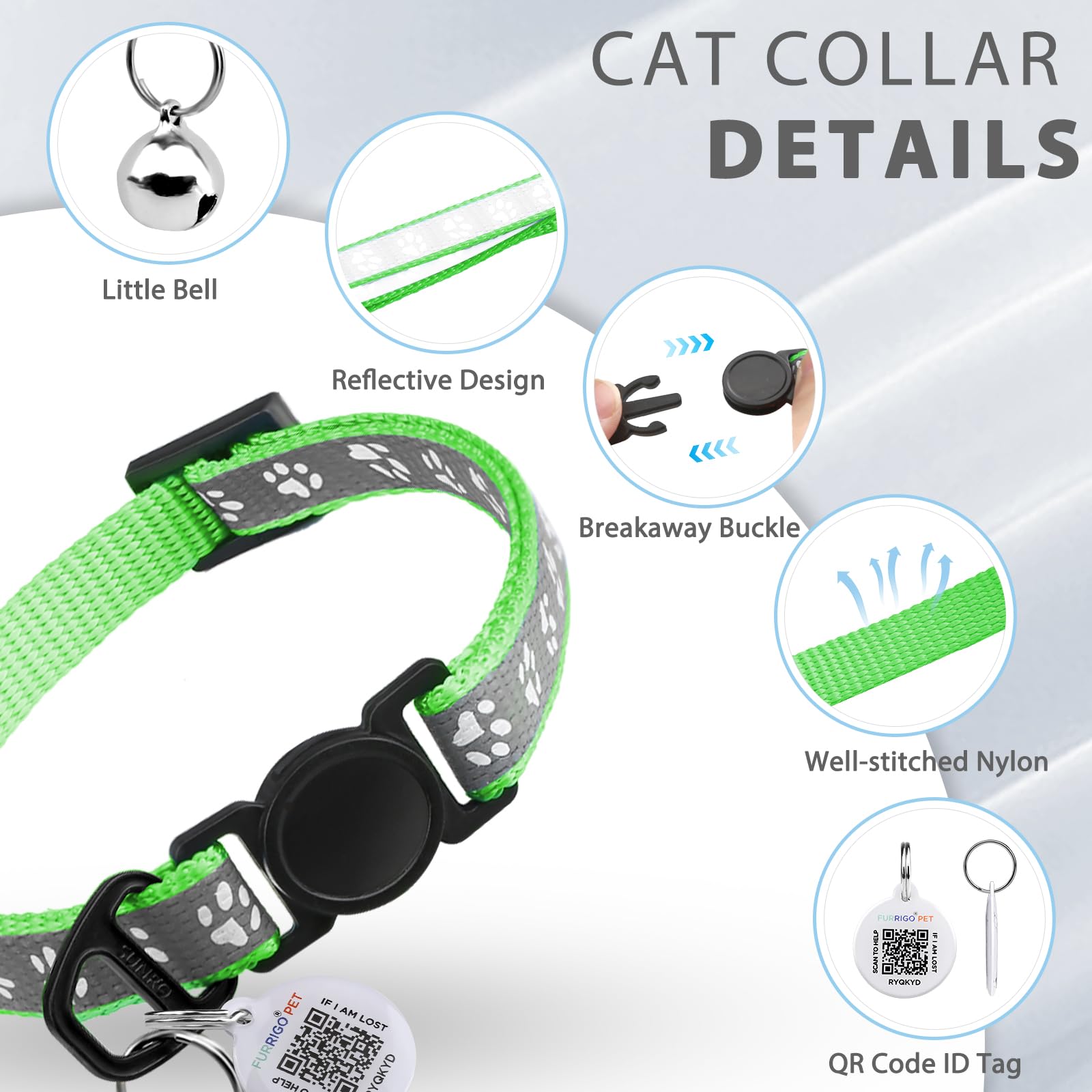 Collar de gato con etiqueta de nombre de código QR, collares reflectantes para gatitos con campana, etiqueta de identificación de gato personalizada, ultra duradero, ajustable, liberación rápida, se