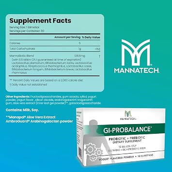 Mannatech Prebiotics and Probiotics, 30 Slimsticks, Yogurt Flavor, GI-ProBalance w/MannaBiotic Blend, Pre and Probiotics Powder for Gut Health, w/ 8 Strains, Rich Prebiotic Fiber & 50 Billion CFU