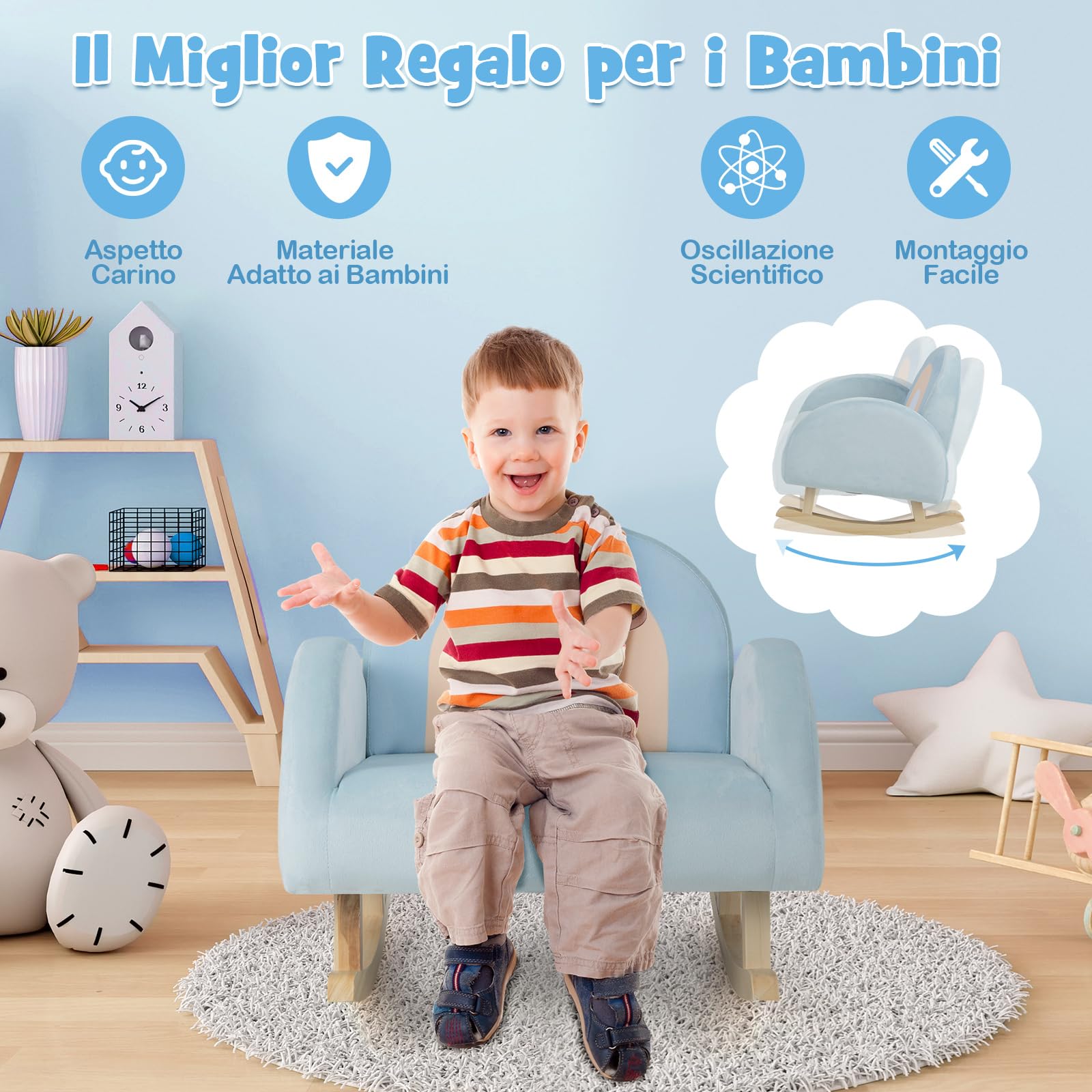GYMAX Divano a Dondolo per Bambini 3-5 Anni, Gamba in Legno Massello, Poltrona Imbottita, Carini per Cameretta, Asilo Nido e Sala Giochi, Blu