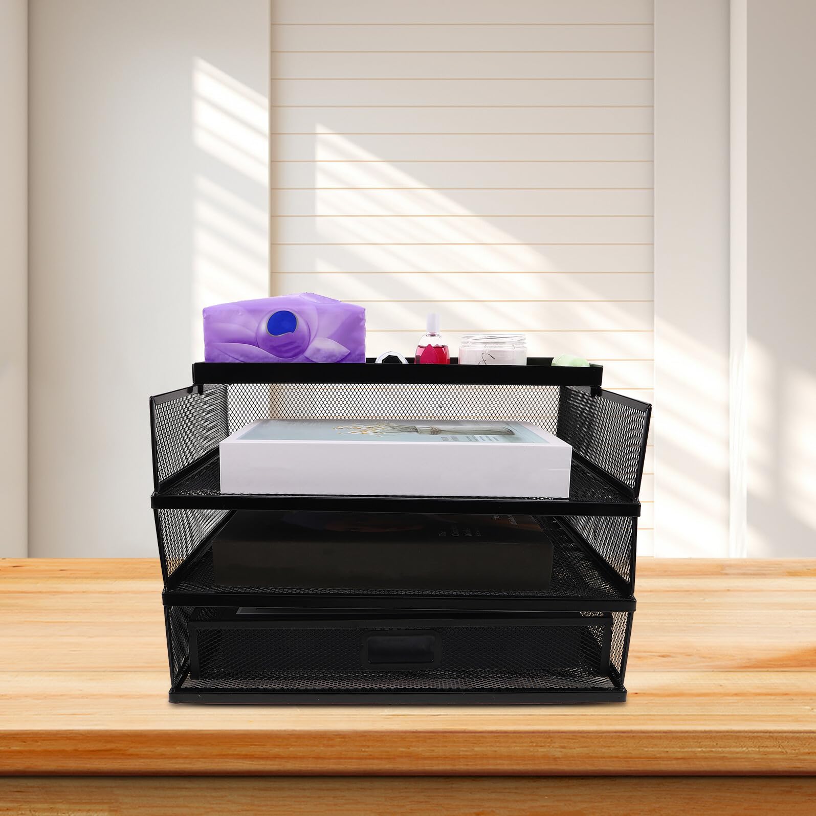 PRETYZOOM Organizador de Archivos de Metal Soporte Multifunción para Papelería y Documentos Estante Apilable para Oficina y Escritorio Negro