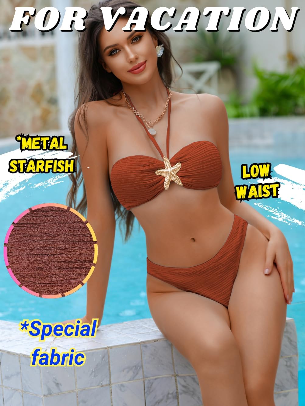 Sexy Womens Starfish 3 Piece Bikini Set, Textured Halter Bandeau Swimsuit Cover Up Skirt, Bathing Suit Beach Outfits - Image 4