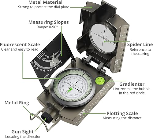 Miniatura 27 de Proster Brújula IP65 para senderismo de supervivencia, brújula de observación lensatic para navegación de camping, brújula con clínómetro y bolsa