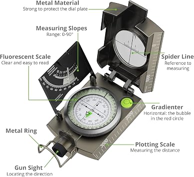 Proster Waterproof Compass Hiking with Fluorescent Scale - Compass Navigation with Clinometer & Carry Bag Compasses Professional for Camping Mountaineering & Outdoor Survival