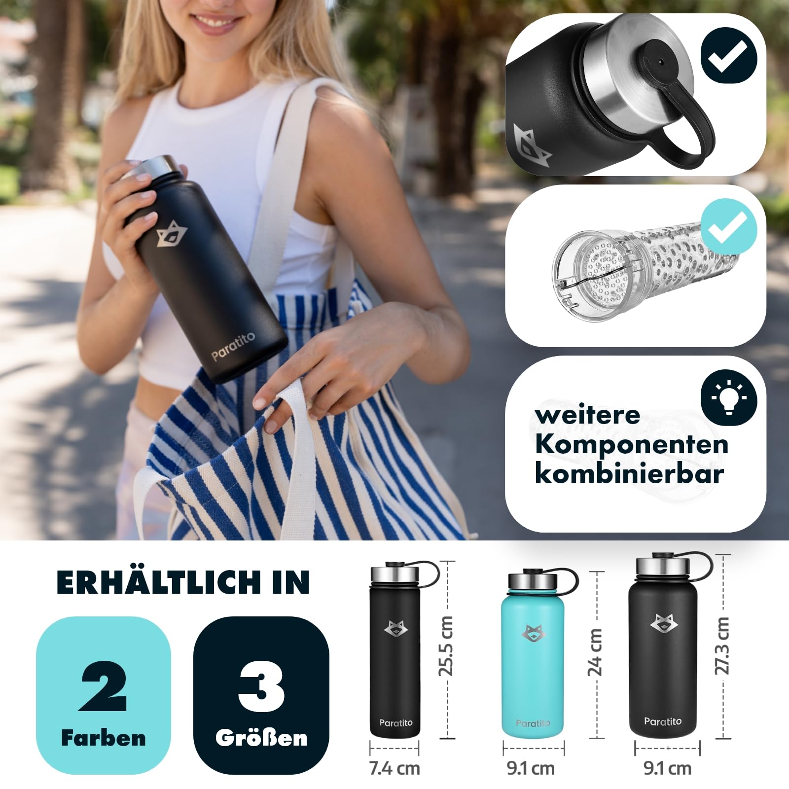 Trinkflasche isoliert mit Fruchteinsatz 1L, Isolierflasche Edelstahl, auslaufsicher, für Wasser mit Geschmack, Kohlensäure geeignet, spülmaschinenfest (Frucht Bundle Schwarz)