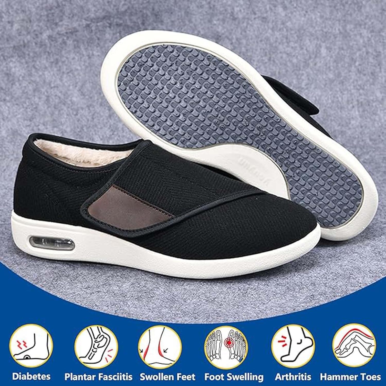 Comfortable Wide Diabetic Shoes, Lightweight Walking Footwear, Soft Fleece Lined Shoes, Non-Slip Adjustable Slippers, for Arthritis Relief, Swollen Feet Care