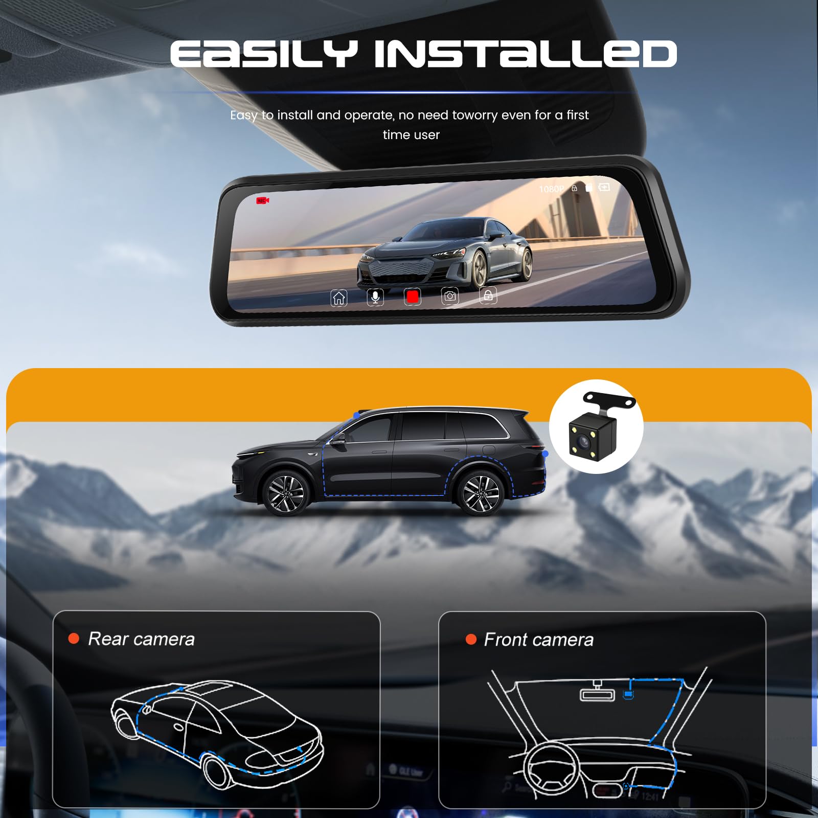 CAMECHO 1080P Rétroviseur 9.66 Pouces Dash CAM Voiture avec Caméra de Vision Nocturne, Avant 150° et Arrière Dashcam 120° avec Ligne Inverse, Enregistrement en Boucle, Angle Réglable