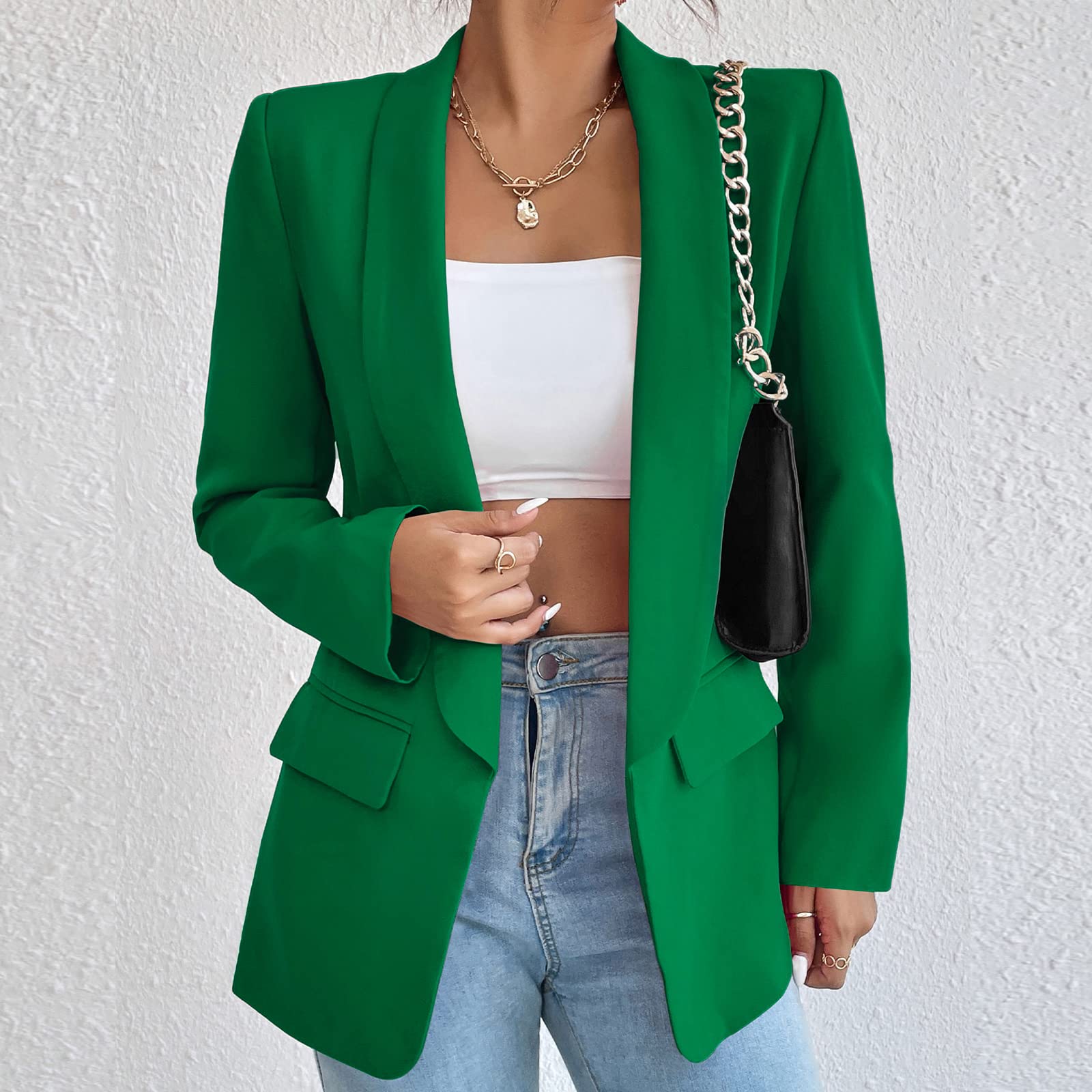Blazer largo casual para mujer, con frente abierto, chaqueta de trabajo de oficina con bolsillos