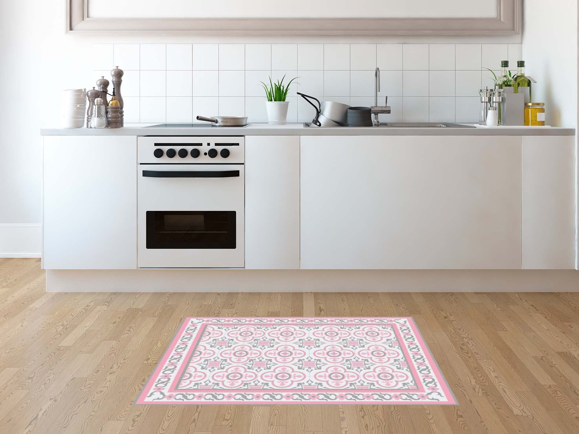Oedim Tapis mosaïque vintage design rose, 95 x 95 cm, tapis de cuisine en vinyle, tapis de salon antidérapant, sol en vinyle