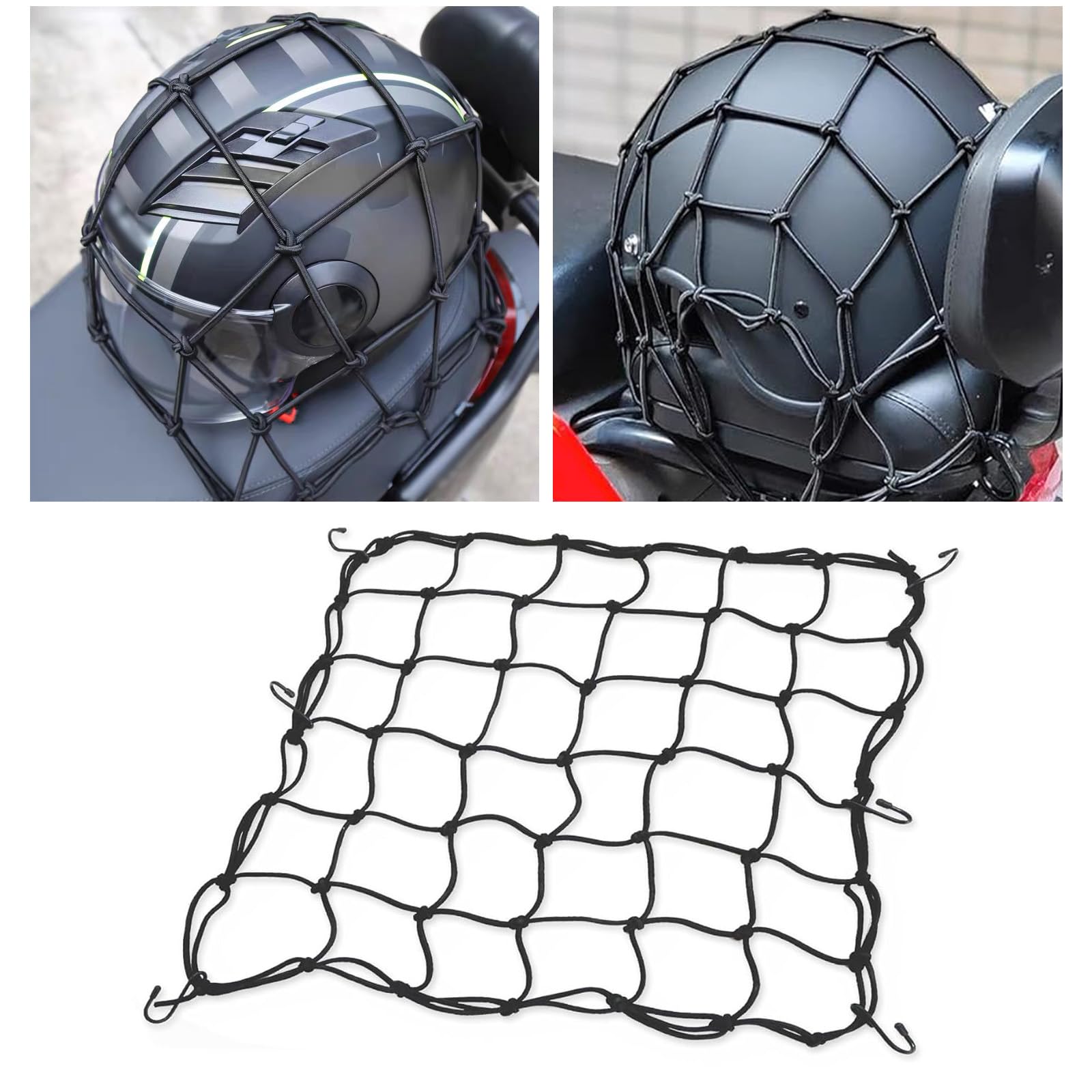 QODOLSI1 PC Motorcycle Reflective Protective Helmet Net, 15.7" x 15.7" Artificial Woven Elastic Net Bag with 6 Adjustable Hooks, Thicken Luggage Net, Universal for Cars Motorcycles ATV (Black)