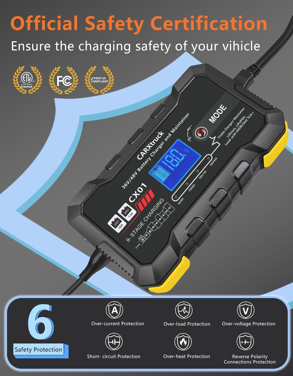 36V 18A & 48V 13A Golf Cart Battery Charger for EZGO TXT with D Style Plug, Smart Trickle Charger - Image 7